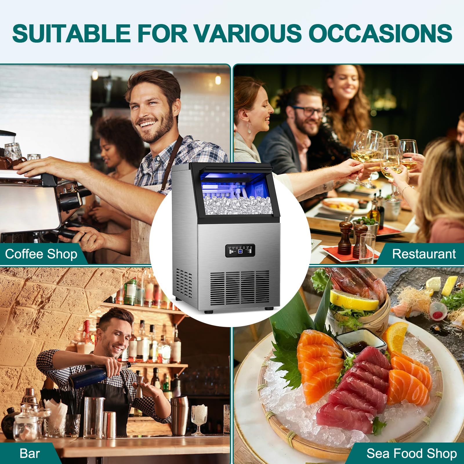 Commercial Ice Maker Machine 100Lbs/24H, 36Pcs Clear Ice Cubes in 11-20Mins, Stainless Steel Undercounter Ice Machine with 23Lbs Storage - Perfect for Home Bars, Parties, Restaurants & Offices - 2 Way Water Supply System