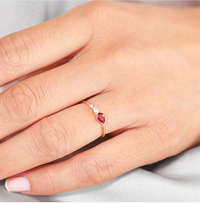 Authentic Ruby Pear Three Stone Ring – Elegant Jewelry for Weddings, Anniversaries & Special Occasions
