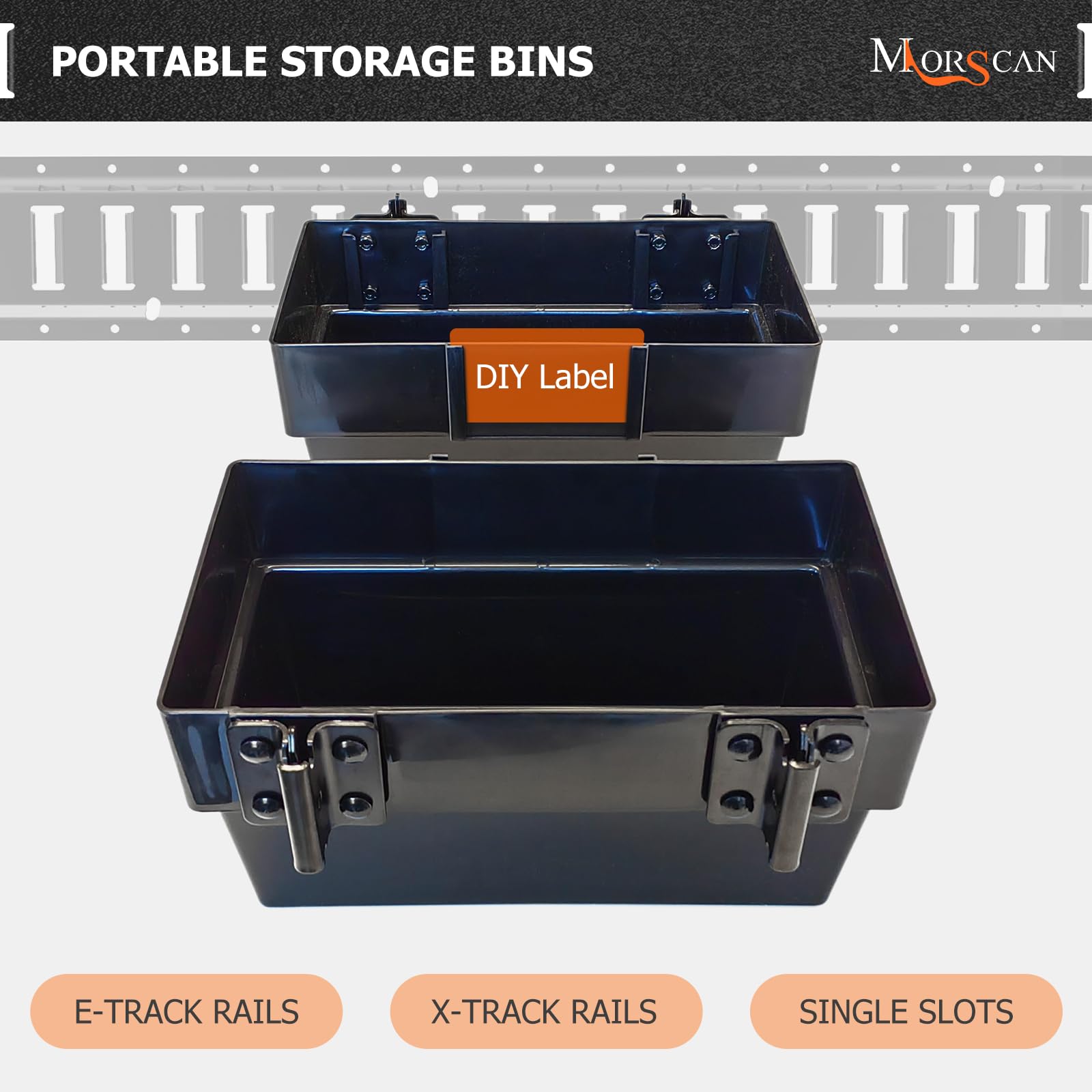 2 Pack E-Track Storage Bins & 4 Pack Single Slot Tie Down Anchors - Heavy Duty Trailer Organizer for Cargo, Tools & Equipment - Perfect for Enclosed Trailers, Vans & Truck Beds - Includes Extra Brackets