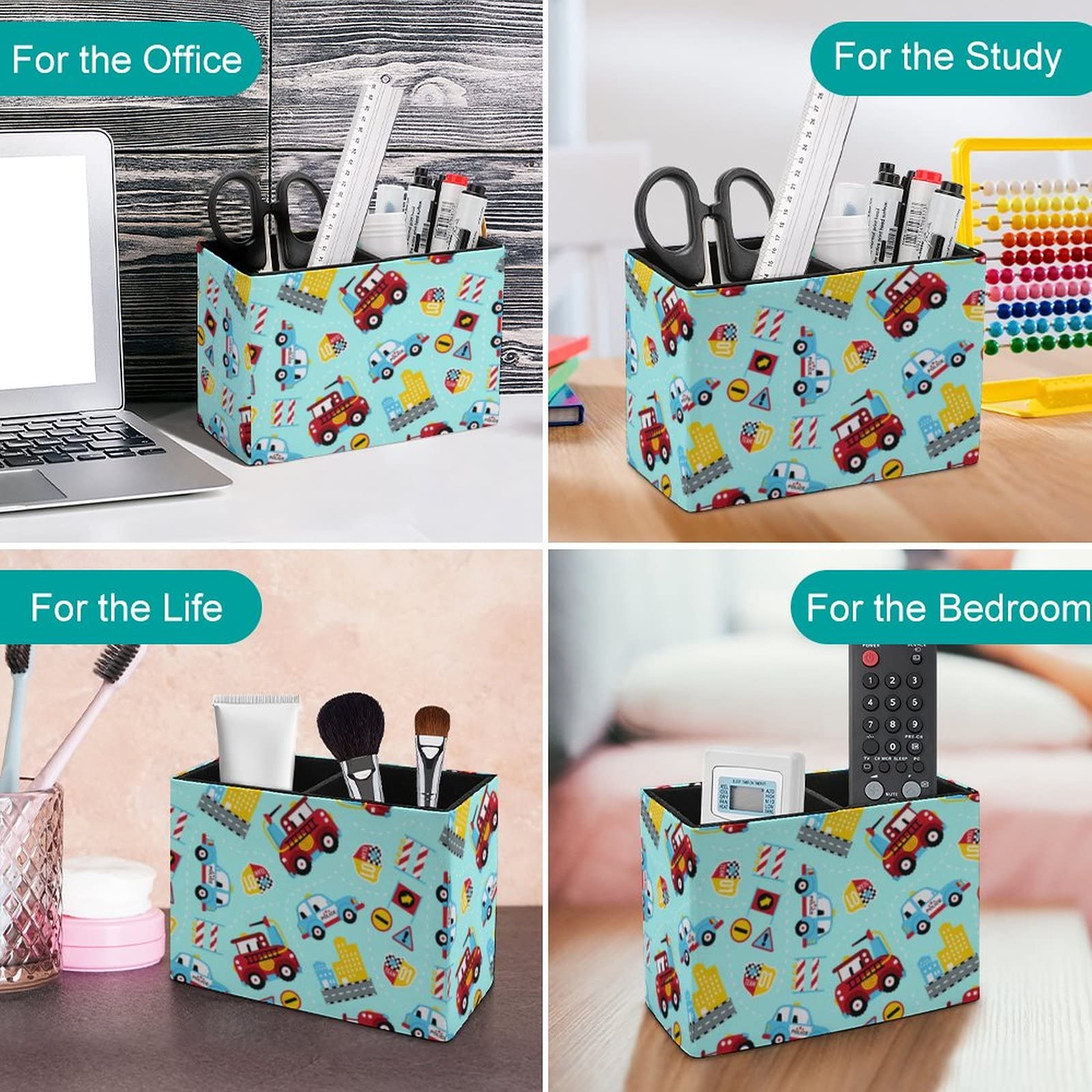 Cartoon Cars Pen Holder for Desk - Leather Pencil Organizer & Makeup Brush Storage for Office, School, College | Perfect Desktop Organizer for Stationery, Art Supplies, and Cosmetics