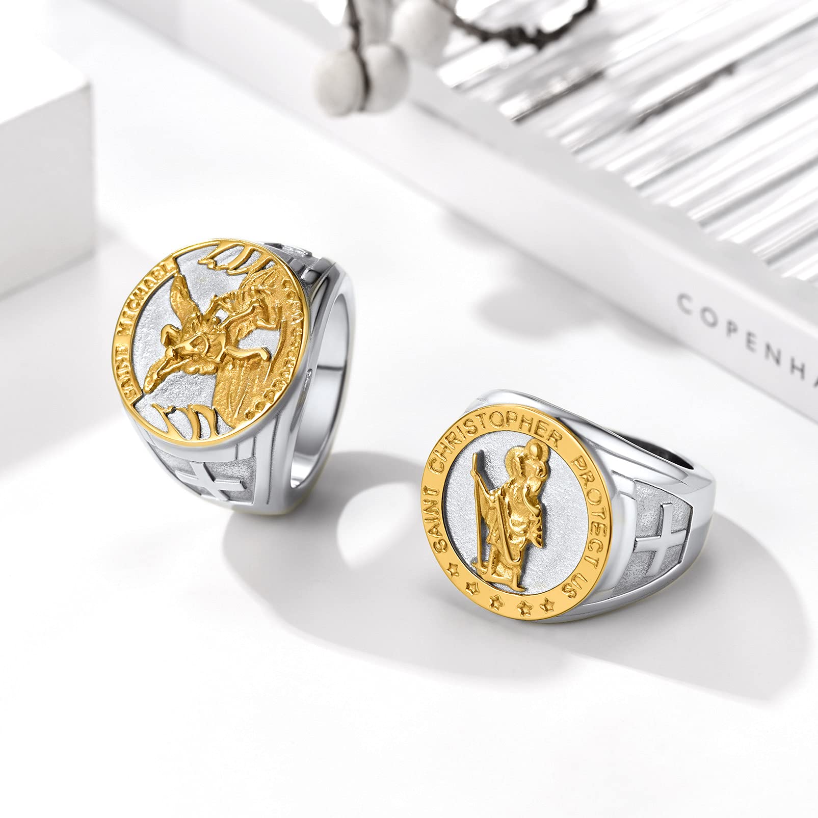 PROSTEEL Men's Archangel Angel Ring - Saint Michael & Christopher Religious Jewelry - Gold Plated Stainless Steel Ring with Gift Box - Perfect for Baptism, Confirmation & Spiritual Gifts