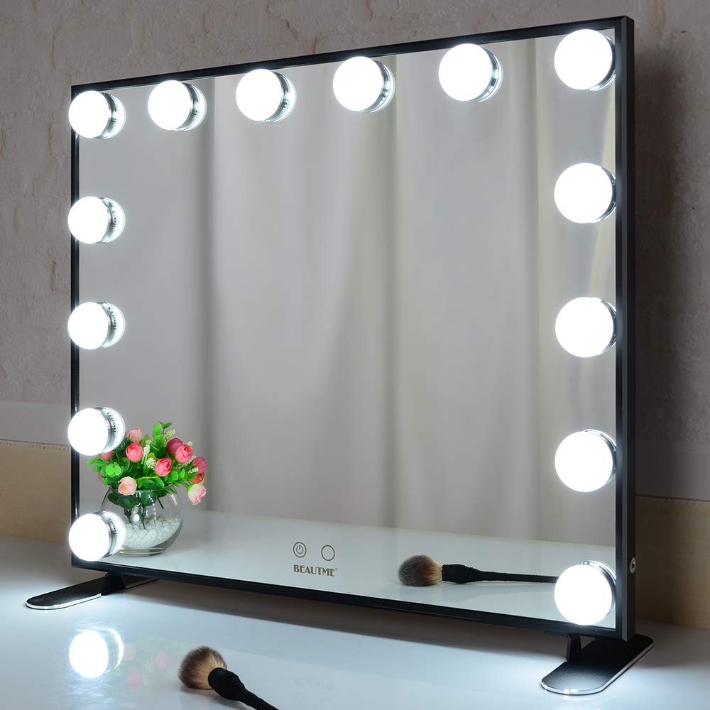 BEAUTME 60x51cm Black Vanity Mirror with 14 Dimmable LED Lights - Large Lighted Makeup Mirror for Tabletop or Wall Mount - Perfect for Home Dressing Room, Bedroom & Bathroom Makeup Application