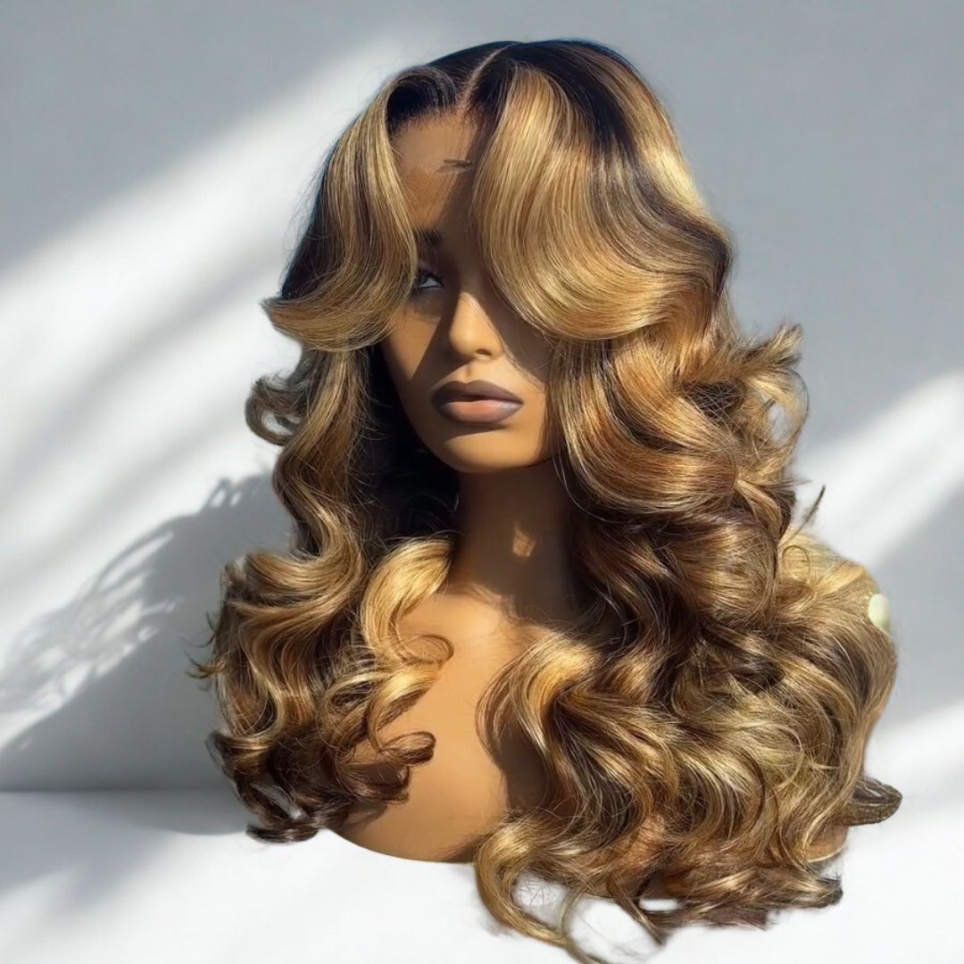 Eullair Honey Blonde Highlights Body Wave Wig - 13x4 Full Lace Frontal Glueless Human Hair Wig with Pre-Plucked Hairline & 250% Density - Perfect for Daily Wear, Cosplay, and Special Occasions