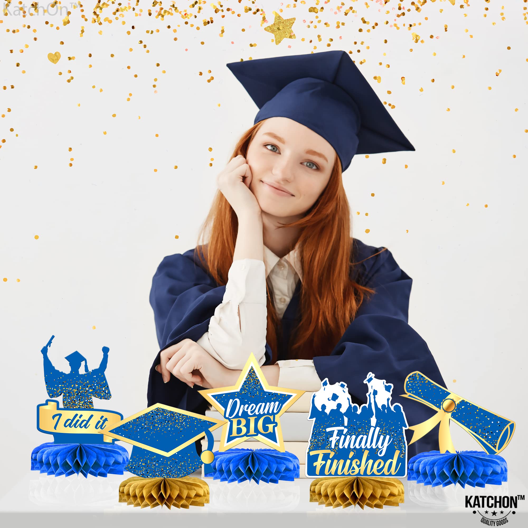 KatchOn 2025 Graduation Centerpieces - Pack of 9 Blue & Gold Honeycomb Decor for Tables | Class of 2025 Party Decorations | Perfect for Graduation Ceremonies, Banquets & Photo Backdrops