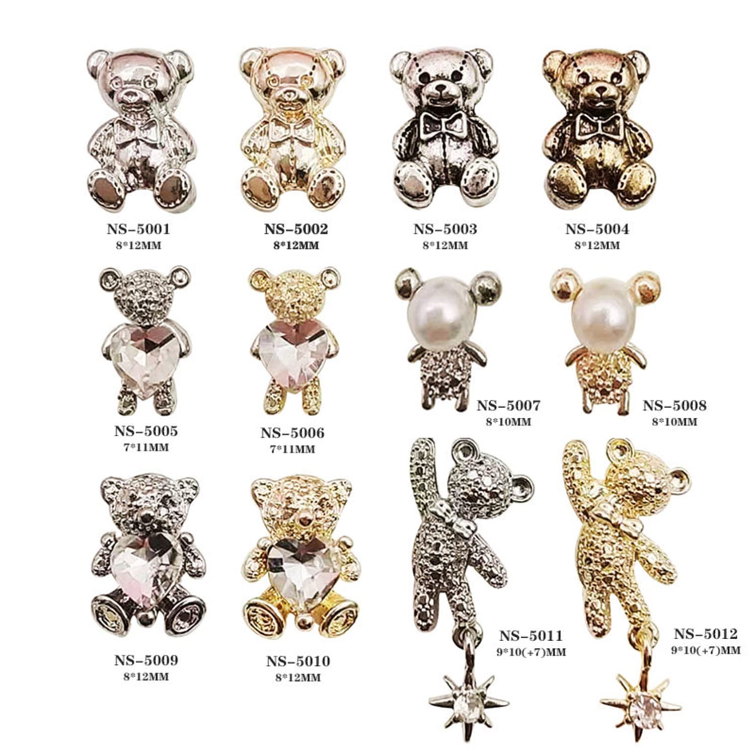 24pcs Gold & Silver Alloy Bear Nail Art Charms - Cute Metal Rhinestone Nail Decorations for Women & Girls - DIY Manicure Jewelry Making Supplies - Perfect for Nail Salon, Party, Wedding & Festival Nail Designs