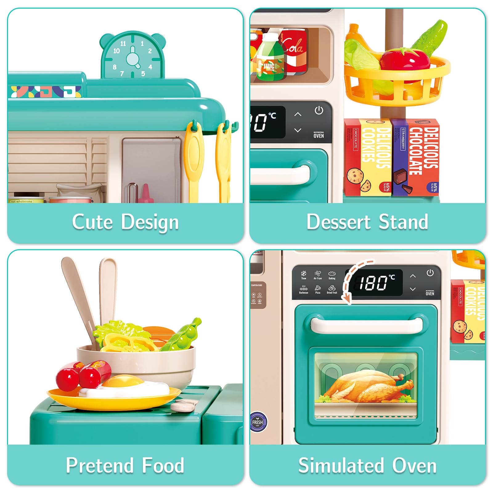**deAO 50PCS Kids Play Kitchen Set with Sounds, Lights & Steam - Pretend Cooking Toy for Boys & Girls Ages 2-12 - Perfect Birthday & Christmas Gift for Toddlers - Fun Role-Playing for Home & Preschool Learning**