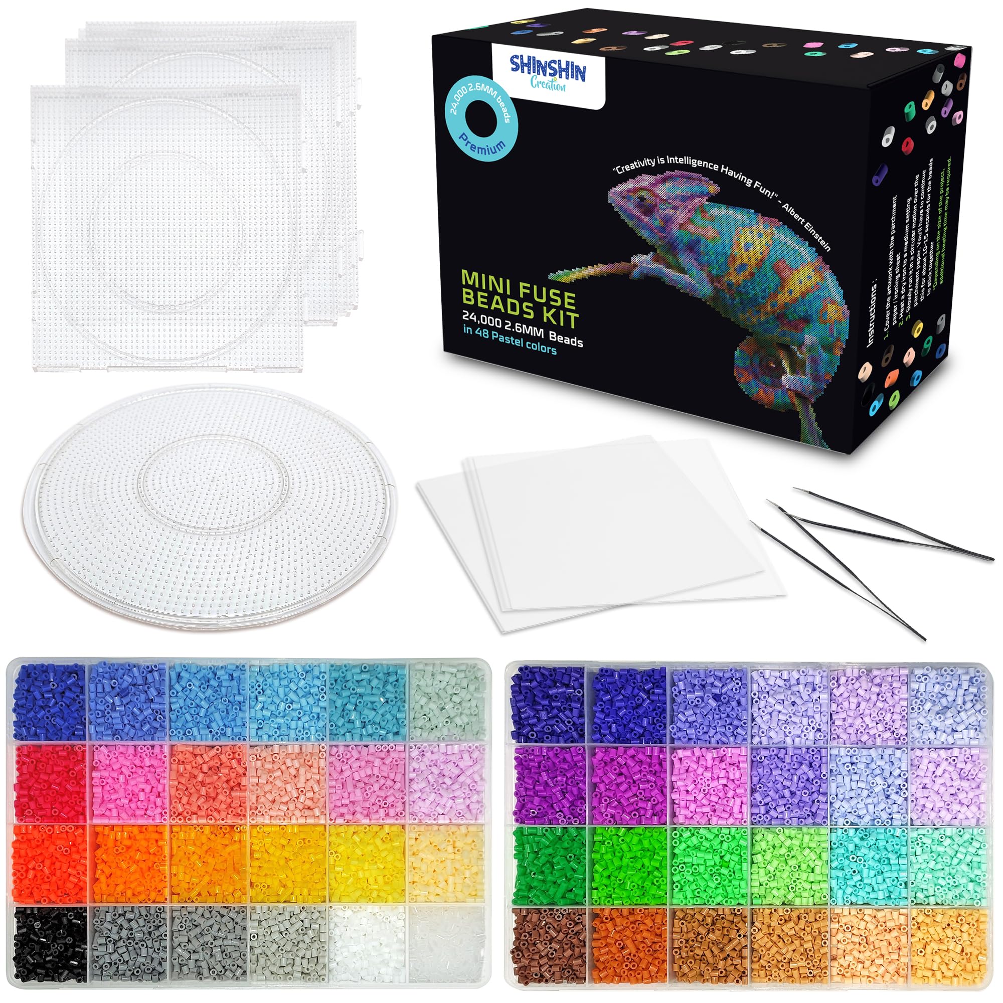 Shinshin Creation 24,000 Mini 2.6mm Fuse Beads Kit for Adults - 48 Vivid Pastel Colors, 5 Pegboards, 2 Tweezers - Compatible with Hama, Melty Beads, Iron Beads Craft - Bulk Storage - Perfect for DIY Jewelry, Home Decor, Kids Crafts & Stress Relief Projects