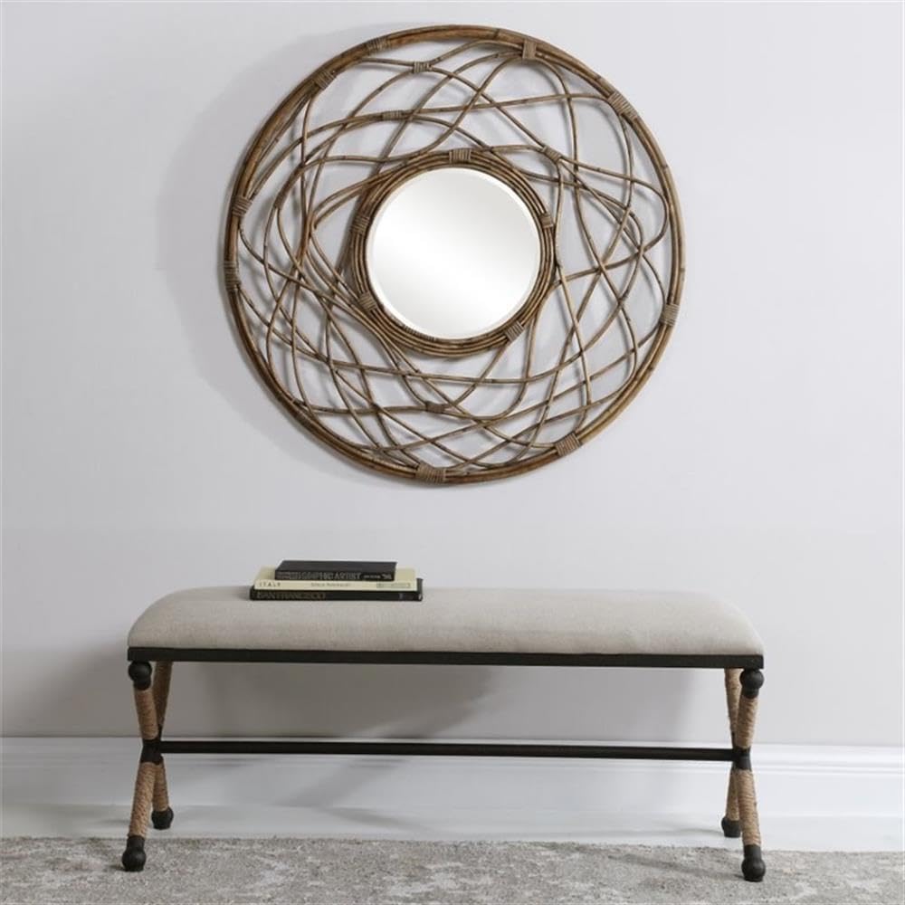 BOWERY HILL Modern Upholstered Iron Bench in Oatmeal - Stylish Entryway, Living Room, or Bedroom Seating Furniture for Home Decor