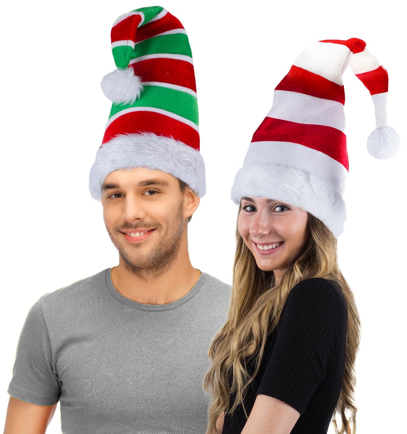 Tigerdoe Striped Santa Hat & Elf Hat Set - 2 Pack Christmas Costume Hats for Holiday Parties, Xmas Photos & Festive Celebrations
