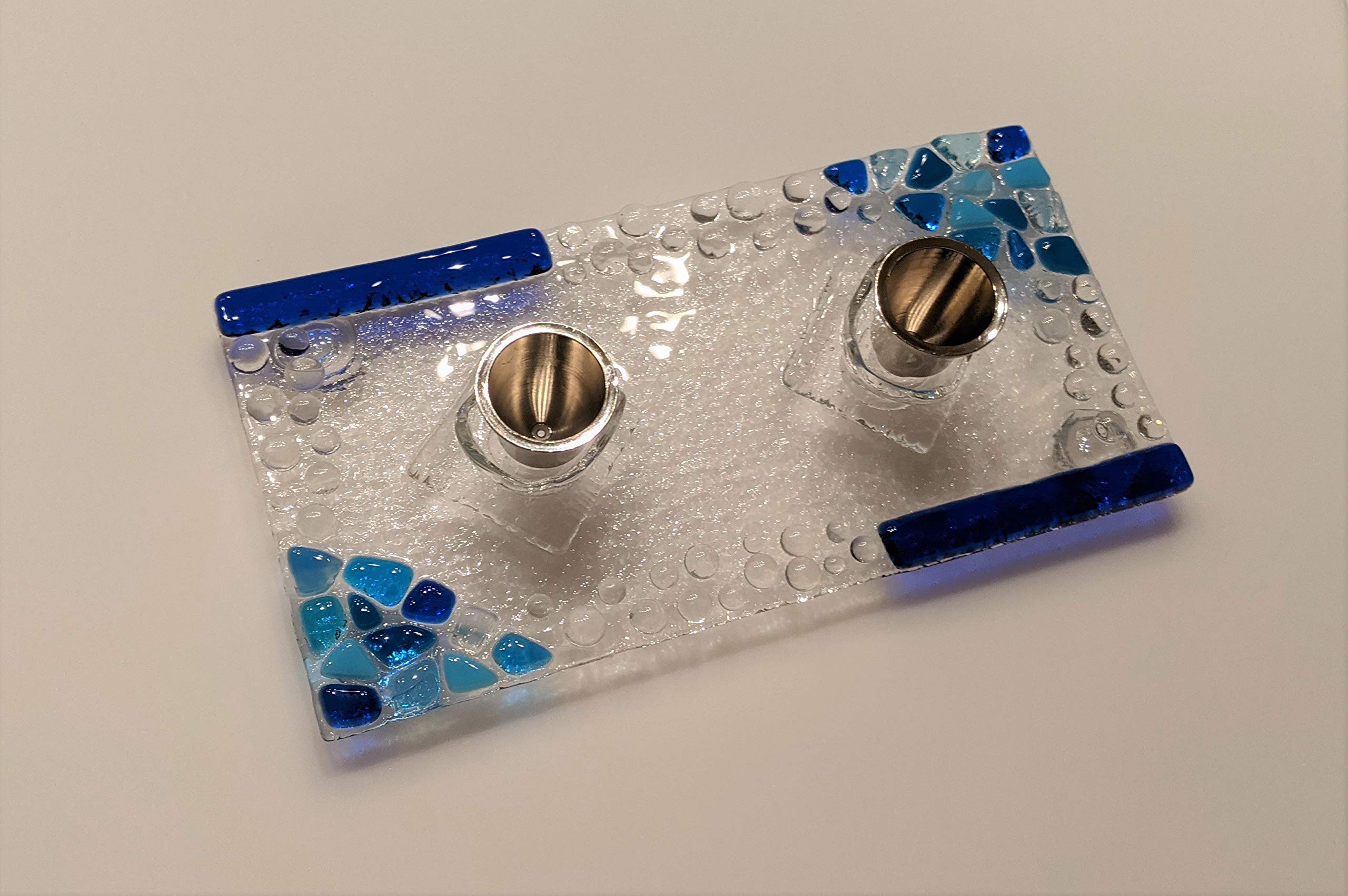 YafitGlass Blue Shabbat Candle Holder - Elegant Handmade Jewish Ceremony Centerpiece for Shabbat Dinner & Holiday Decor