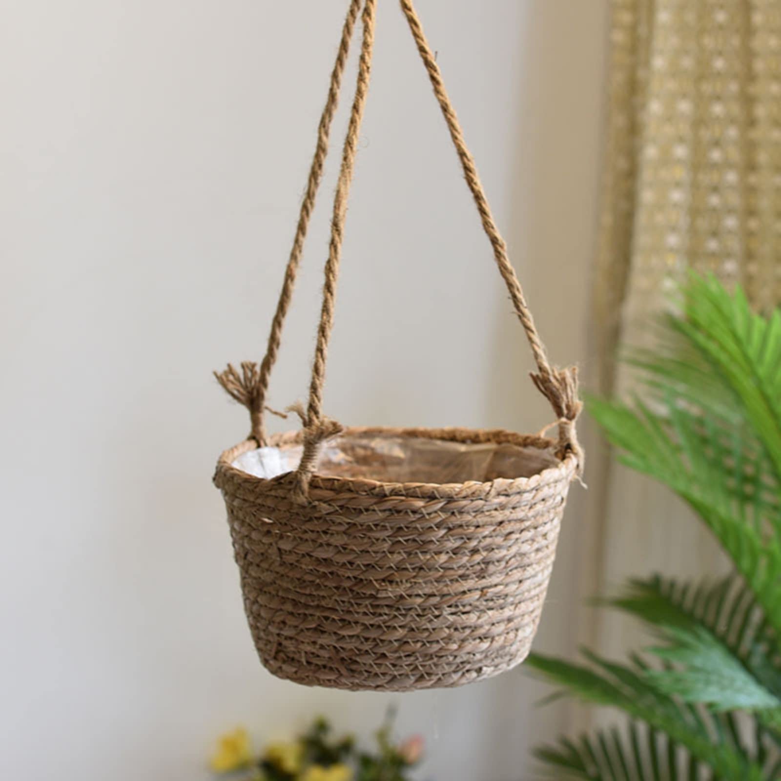 Marcol Macrame Seagrass Hanging Planter Basket - Natural Woven Flower Pot Holder for Indoor Plants, Home & Garden Decor - Perfect for Balcony, Living Room, and Boho Style Interior Design