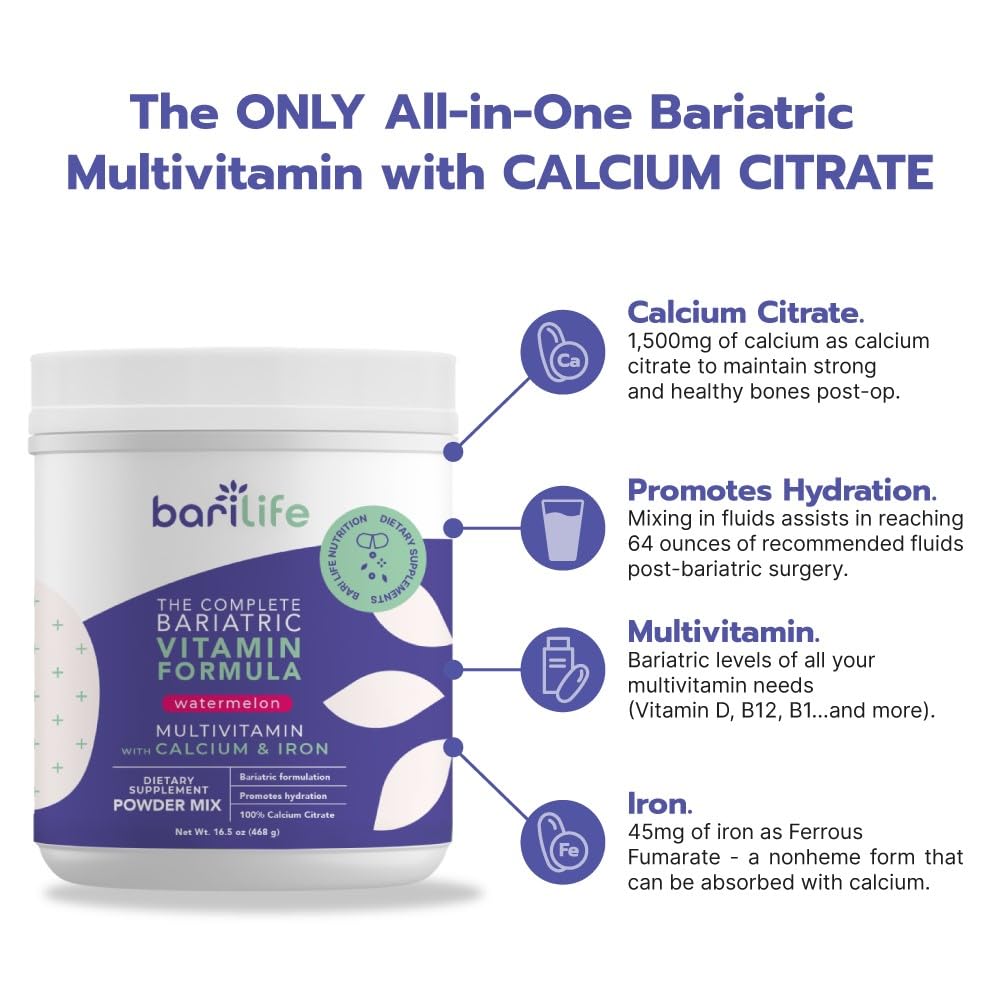 Bari Life Complete Bariatric Multivitamin with Iron - Powder Dietary Supplement for Gastric Sleeve Patients | Calcium Citrate, Multivitamin & Iron Formula | Watermelon Flavor (60 Servings) | Post-Surgery Nutrition & Weight Loss Support