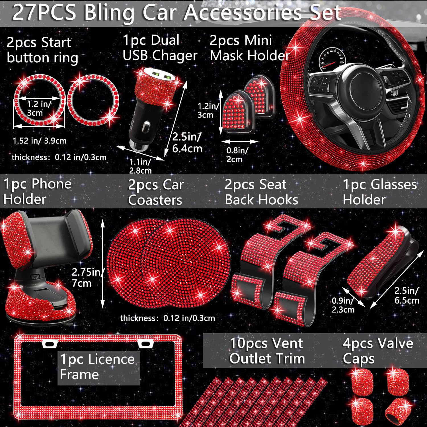 27Pcs Car Accessories Set for Women - Steering Wheel Cover, Phone Holder & More (Red Diamond) - Perfect Gift & Car Decor