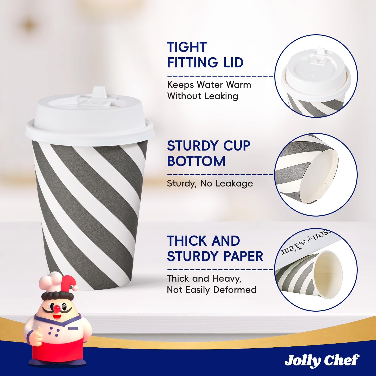 JOLLY CHEF 100 Pack 12 oz Disposable Paper Coffee Cups with Lids - Printed Hot Drink Cups for Home, Office, Restaurant & Cafe Use - Stripes and Grey Design - Perfect for Coffee, Tea, Hot Chocolate and Takeout Beverages