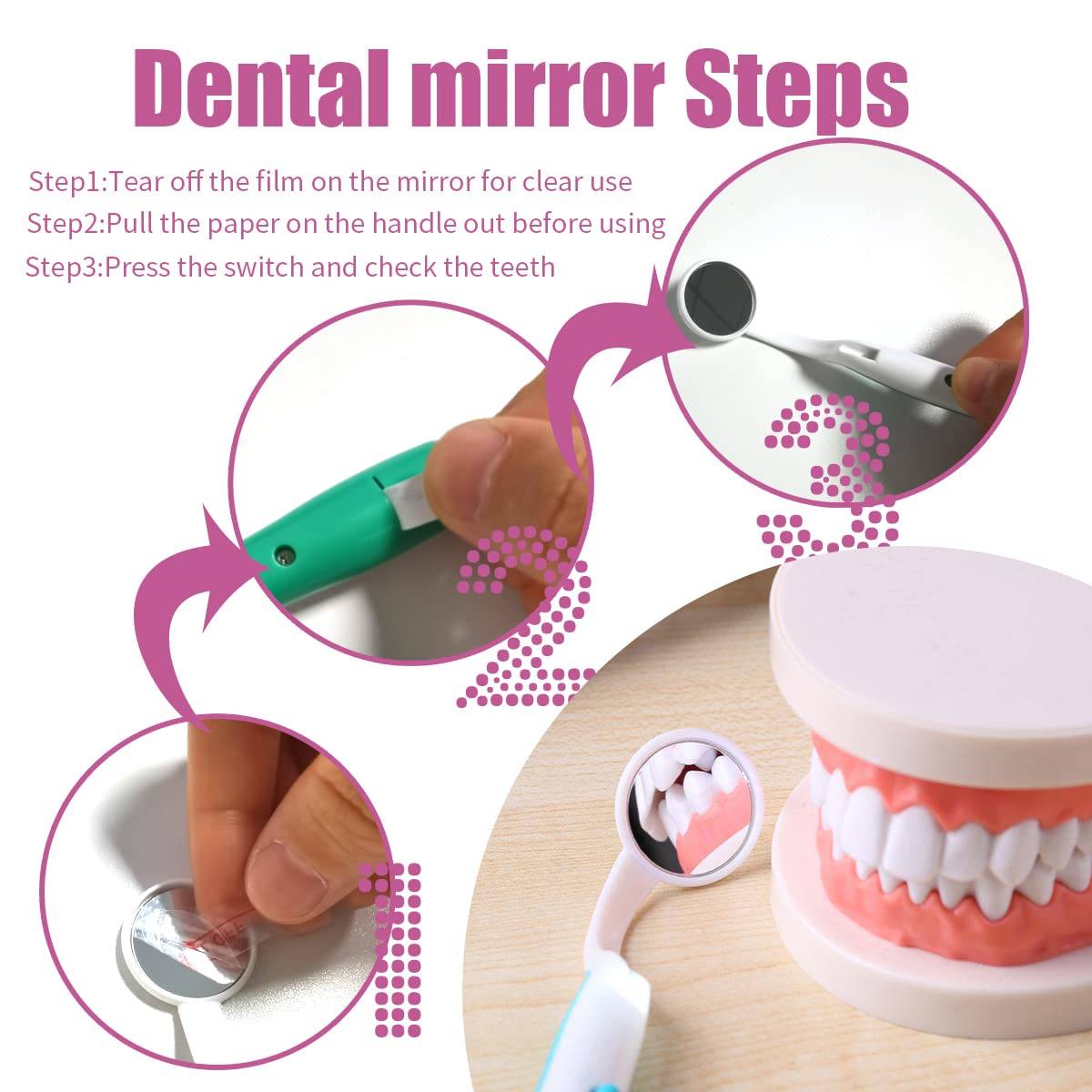 2 Pack LED Dental Mirror with Light - Anti Fog Teeth Inspection Tool, Curved Angle Dentist Oral Care Kit for Home & Professional Use (Red) - Perfect for Dental Exams, Braces Checkups & Oral Hygiene