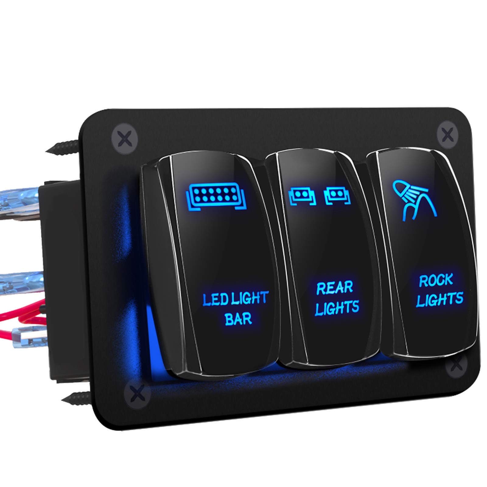 DaierTek 12V LED Light Bar Switch Panel - 3 Gang Rocker Toggle Switch for Trucks, Cars, RZR, Jeep, RV, Marine & Boats | Waterproof 12 Volt Blue Switch Panel | Perfect for Off-Roading, Camping & Marine Applications