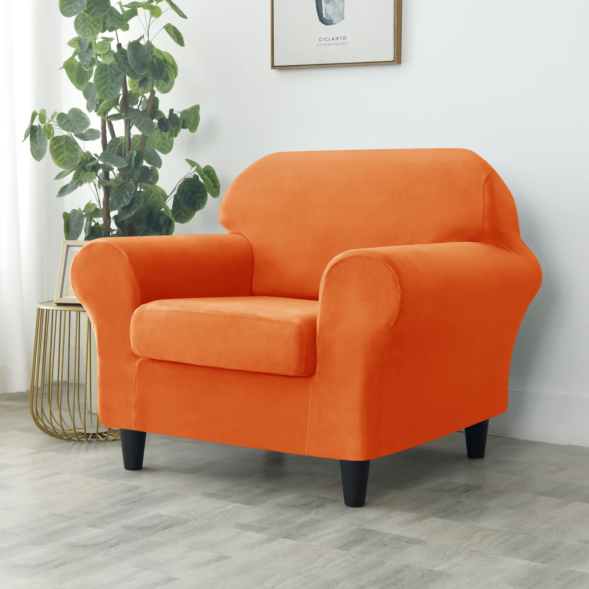 CONRUSER Stretch Velvet Sofa Slipcover - Soft Single Seat Couch Cover with Cushion Protector - Furniture Protector for Living Room, Bedroom (Orange, Small Size)