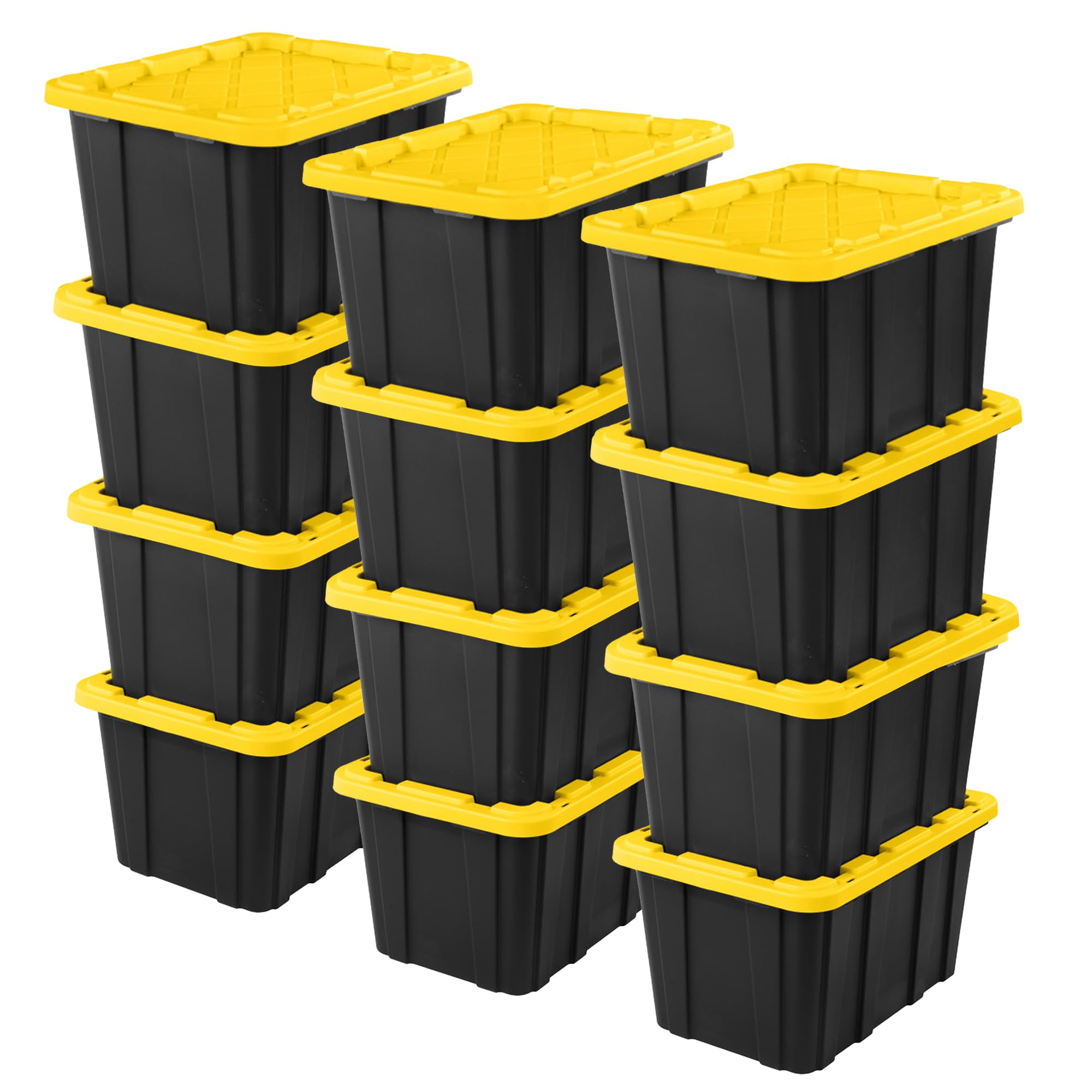 Sterilite 12-Pack 27 Gallon Heavy Duty Stackable Storage Bins with Lids - Black & Yellow for Home Organization, Garage Storage, and Office Supplies