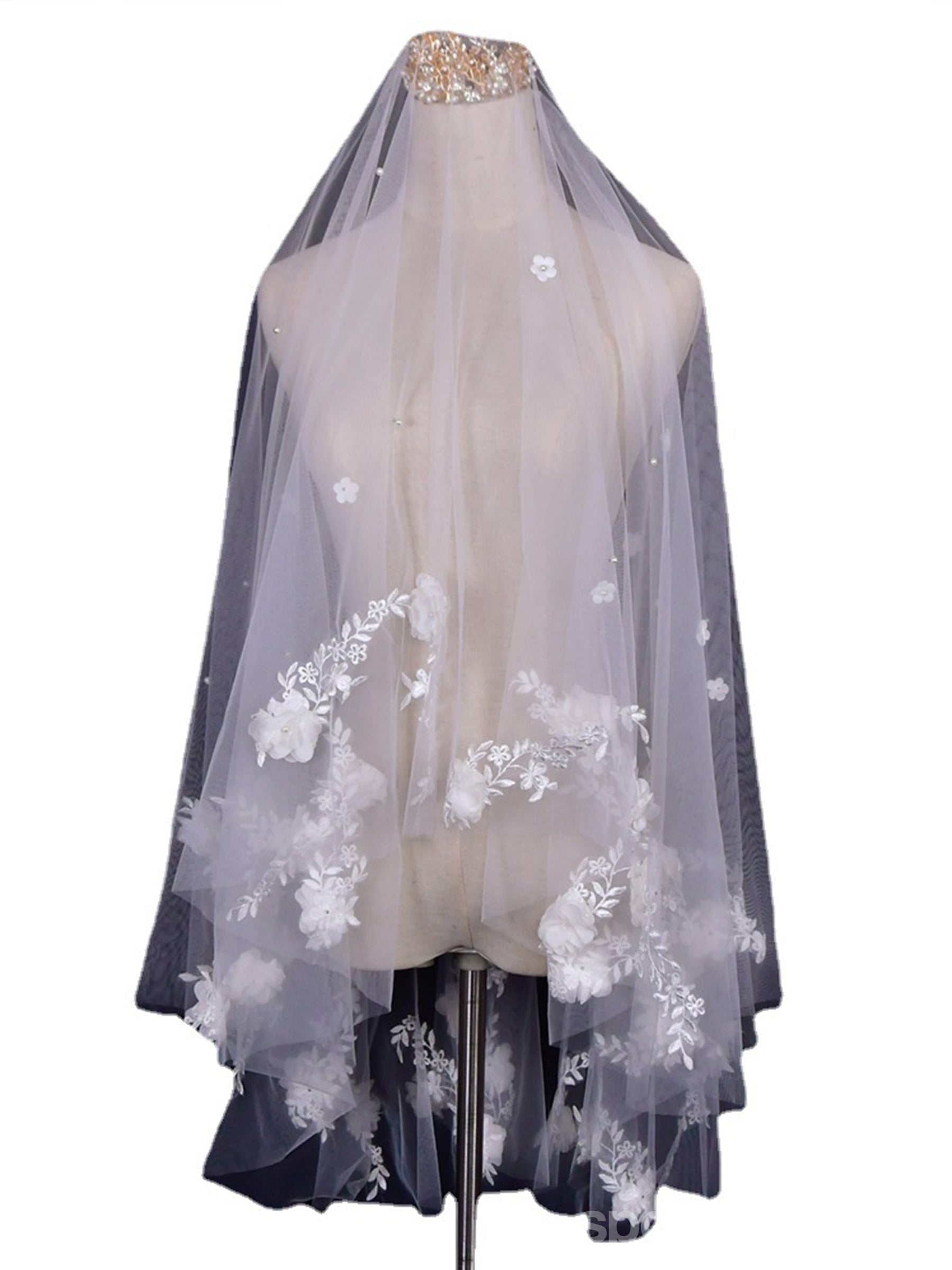 Elegant Handmade 3D Floral Pearl Bridal Veil - V122 | Perfect for Weddings, Bridal Showers & Formal Events