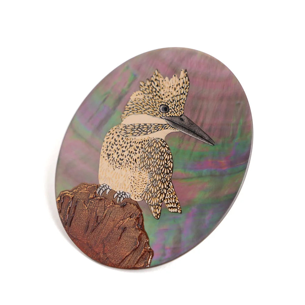 Handcrafted Maki-e Urushi Lacquer Brooch with Black Lip Oyster Pearl & Crested Kingfisher Feather - Traditional Japanese Lacquer Jewelry for Women, Gift for Art Collectors & Special Occasions