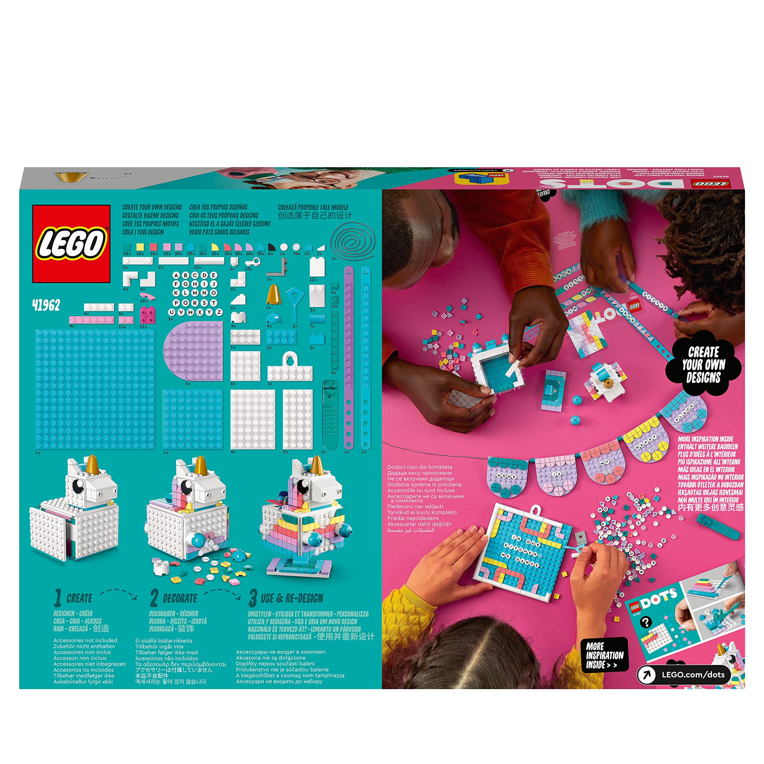 LEGO 41962 DOTS Creative Family Unicorn Kit, 5-in-1 DIY Craft Set with Letter Board & Catchall Tray, Customizable Gift for Girls & Boys - Perfect for Home Decor, Kids' Room & Creative Playtime
