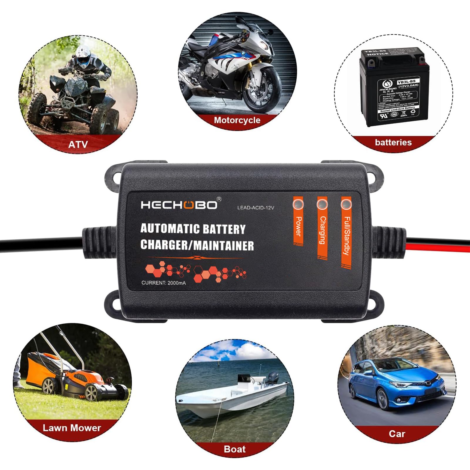 12V 2A Smart Battery Charger & Maintainer - Universal Trickle Charger for Lawn Mower, Motorcycle, Car, Boat, ATV, Riding Mower - 2000mA Auto Battery Desulfator with LED Display & 3M Cable - Perfect for Winter Storage & Seasonal Vehicle Maintenance
