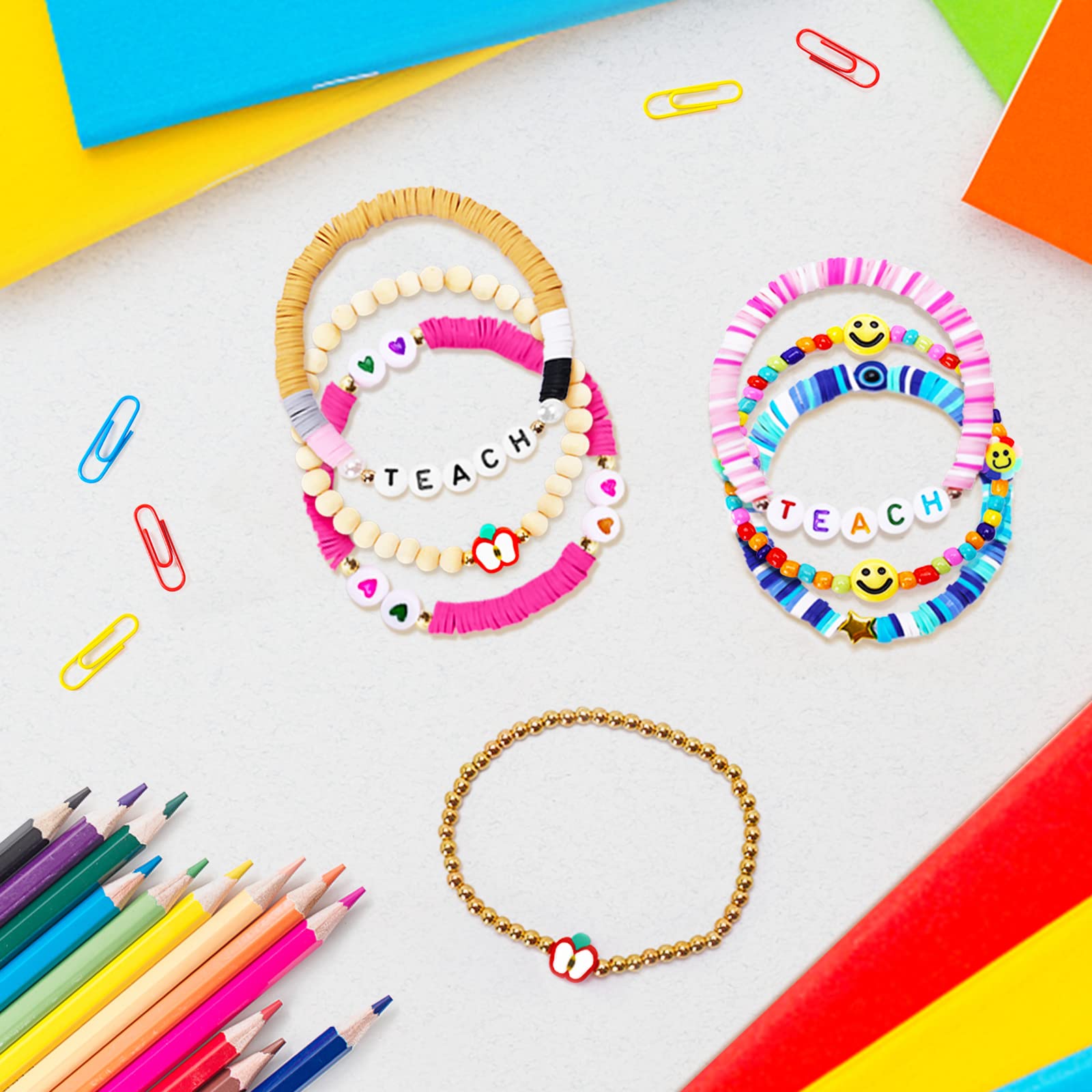 12 PCS Teacher Appreciation Bracelets for Women - Preppy Heishi Clay Beaded Bulk Bracelets - Thank You Gifts for Teachers, Staff, Educators - Perfect for Teacher Appreciation Week, End of Year Gifts, Classroom Rewards
