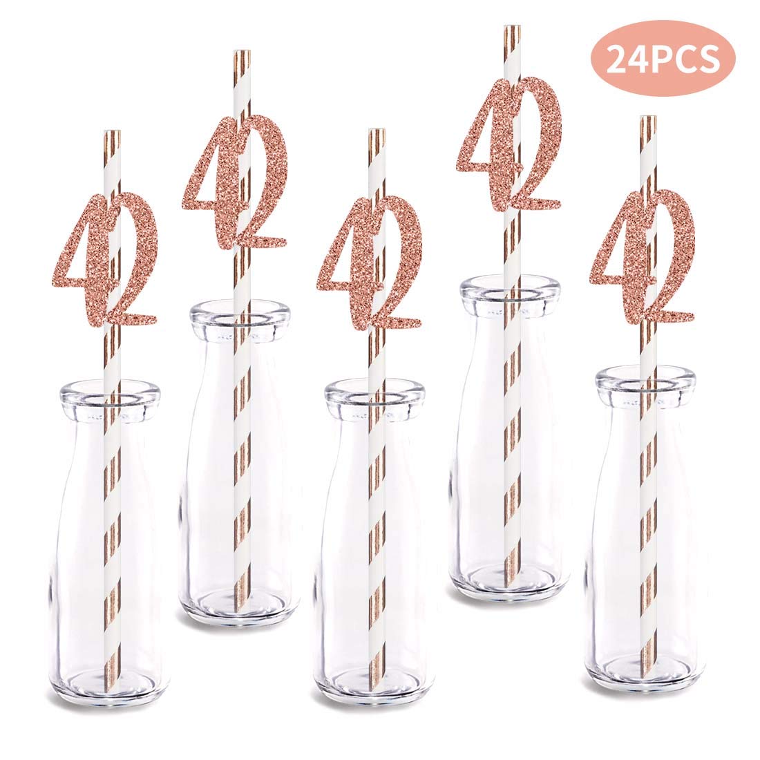 Rose Gold Glitter 42nd Birthday Straw Decorations - 24pcs Cut-Out Number 42 Drinking Straws for Party Supplies | Perfect for Birthday Celebrations, Anniversaries & Special Events