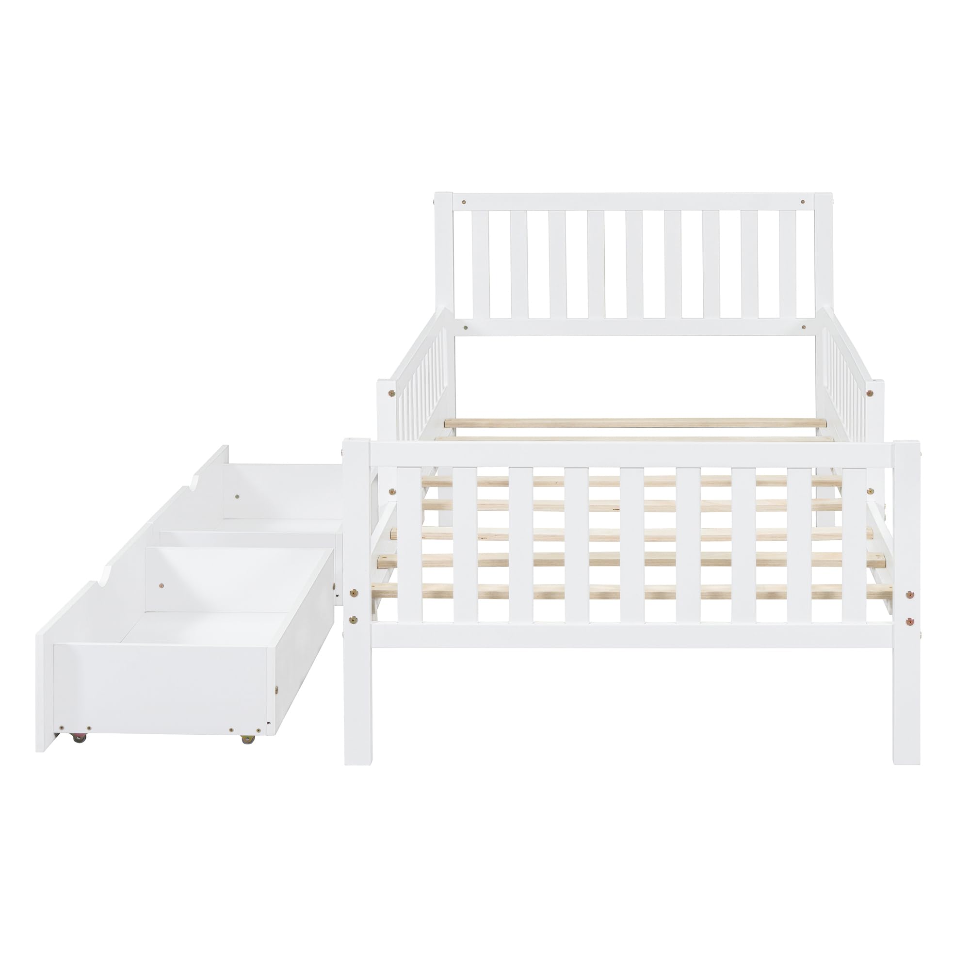 White Twin Size Kids Bed with Guardrails - Low Platform Bed Frame with Headboard, Footboard & 2 Storage Drawers - Safe Children's Bed for Boys & Girls - Perfect for Small Bedrooms, Guest Rooms & Kids' Shared Spaces