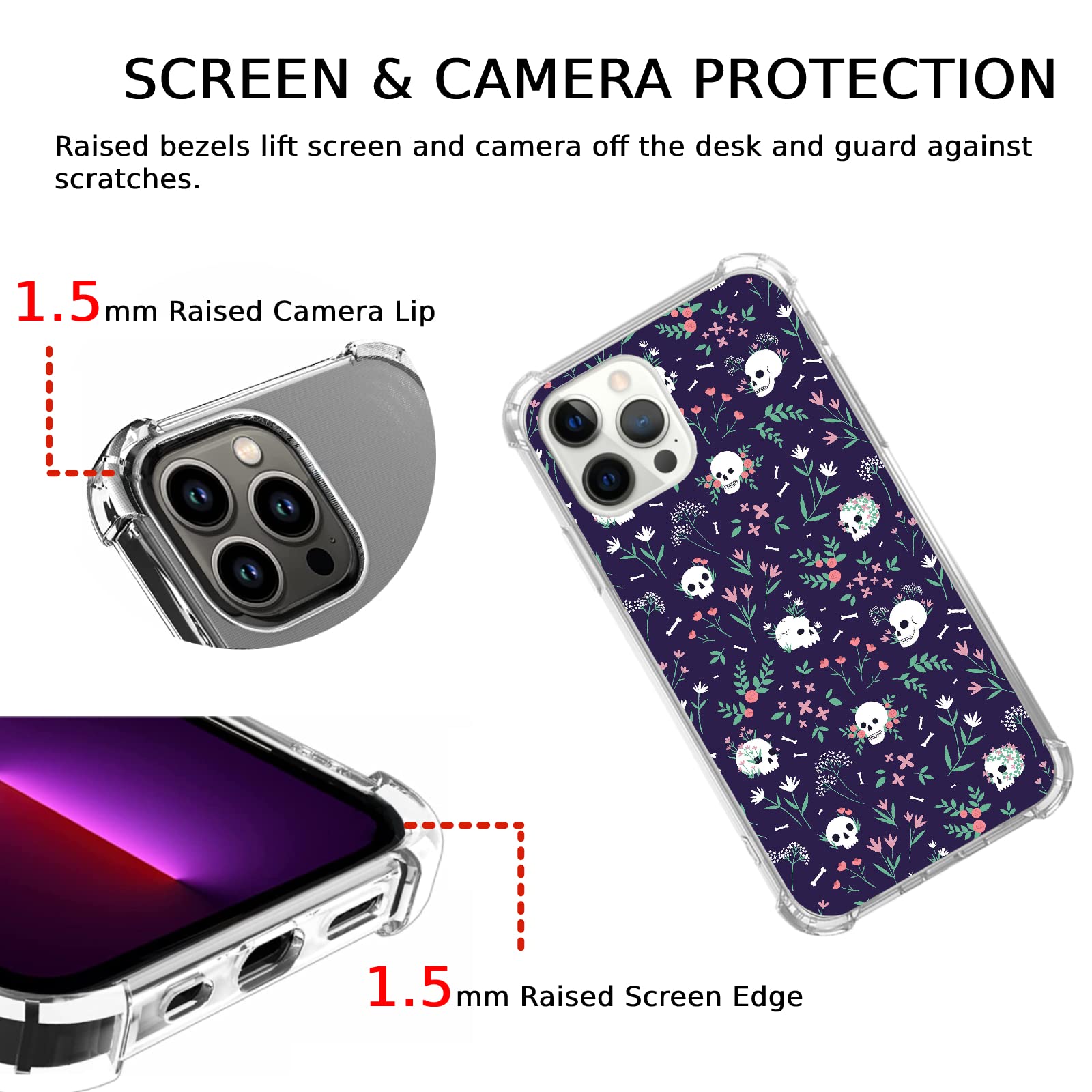Stylish Skull & Floral TPU Case for iPhone 13 Pro Max - Trendy Aesthetic Protective Cover for Teens & Adults | Perfect for Daily Use, School & Outdoor Activities