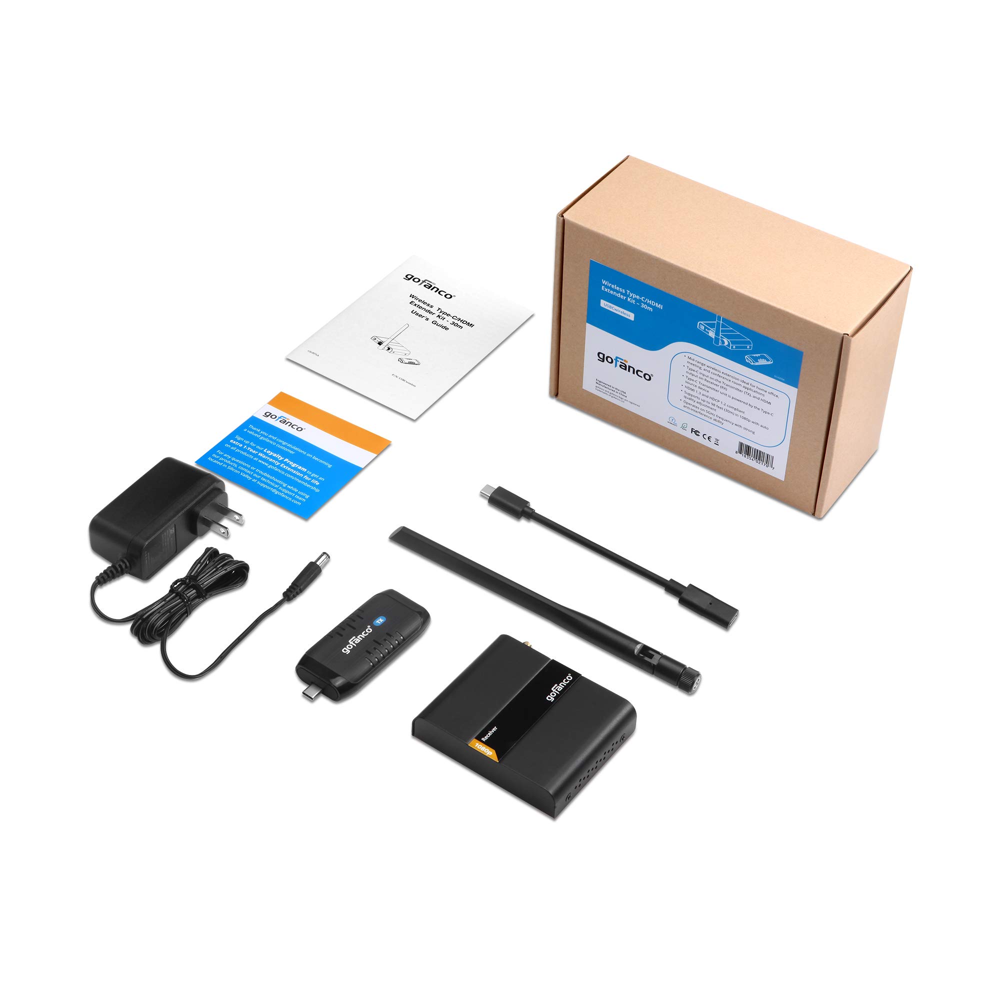 gofanco 1080p USB C to HDMI Wireless Extender Kit - 30m (98ft) Range, 5GHz Low Latency, USB-C to HDMI Adapter for Conference Rooms, Home Theater, Presentations | USBCwireless | Perfect for Business Meetings, Classroom Teaching & Home Entertainment