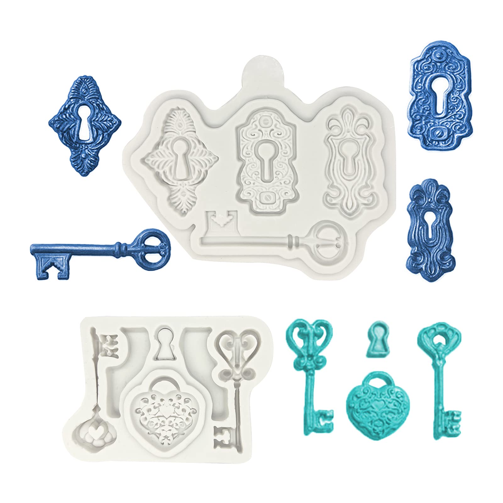 Vintage Key & Keyhole Silicone Fondant Molds (2-Piece Set) - Baroque Style Cake Decorating Tools for Cupcake Toppers, Chocolate, Candy, Marzipan, Polymer Clay, Resin & Soap Making - Perfect for Wedding Cakes, Birthday Parties & DIY Crafts