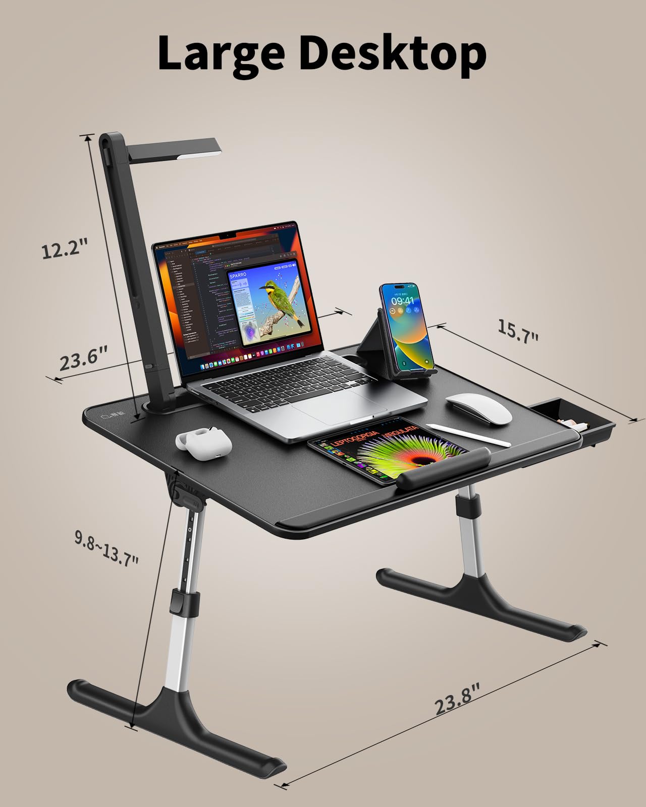 Adjustable LED Laptop Table Stand for Bed - Portable Height Adjustable Computer Desk with Built-in Light for Reading, Writing, Drawing & Working in Bed (Black) | Perfect for Home Office, Dorm Room & Cozy Workspaces