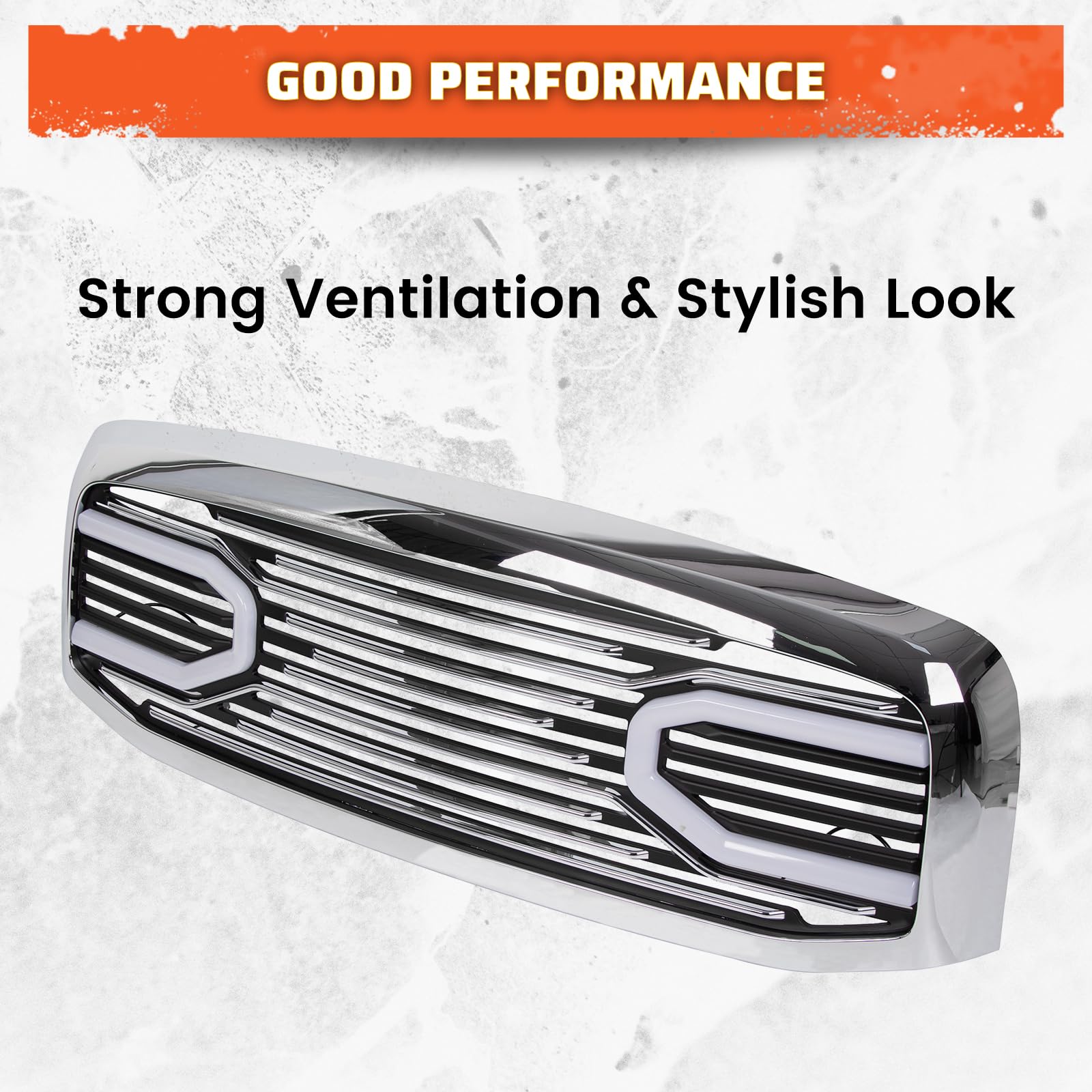 ECOTRIC Chrome Front Horn Grille with LED Light Compatible for 2006-2009 Dodge RAM 2500/3500 & 2006-2008 RAM 1500 - Replacement Shell for Off-Road & Truck Customization