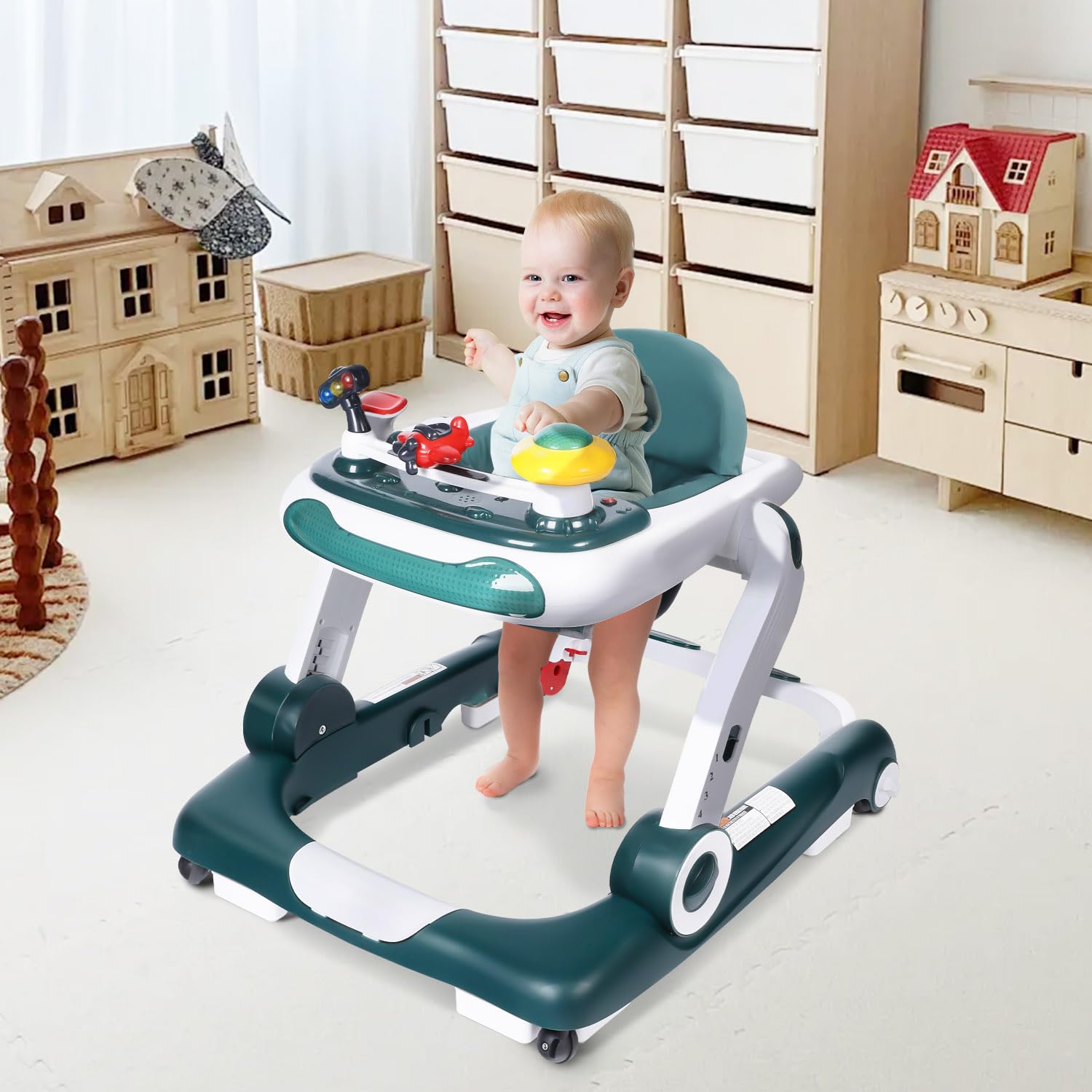 Kinder King 5-in-1 Baby Walker with Music & Lights - Adjustable Height Activity Walker for Toddlers, Anti-Rollover Safety Bumper, Learning-Seated & Walk-Behind Modes - Perfect for Indoor Play & Early Walking Development (Green)
