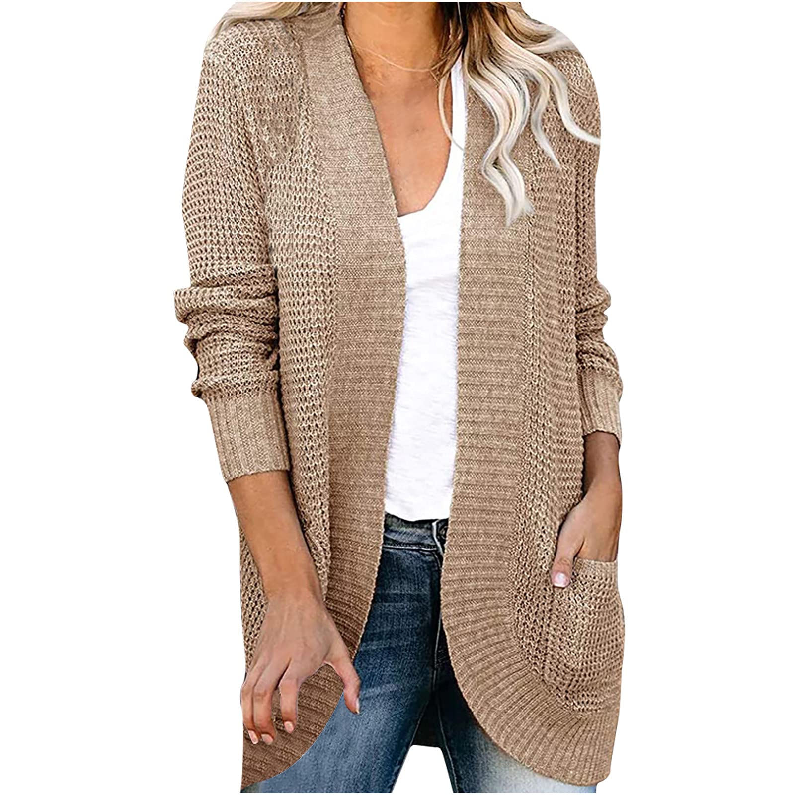 Women's Chunky Open Front Cardigan - Long Sleeve Loose Fit Knit Draped Sweater Waffle Knitted Long Cardigan Outwear for Casual Wear, Office & Fall Layering
