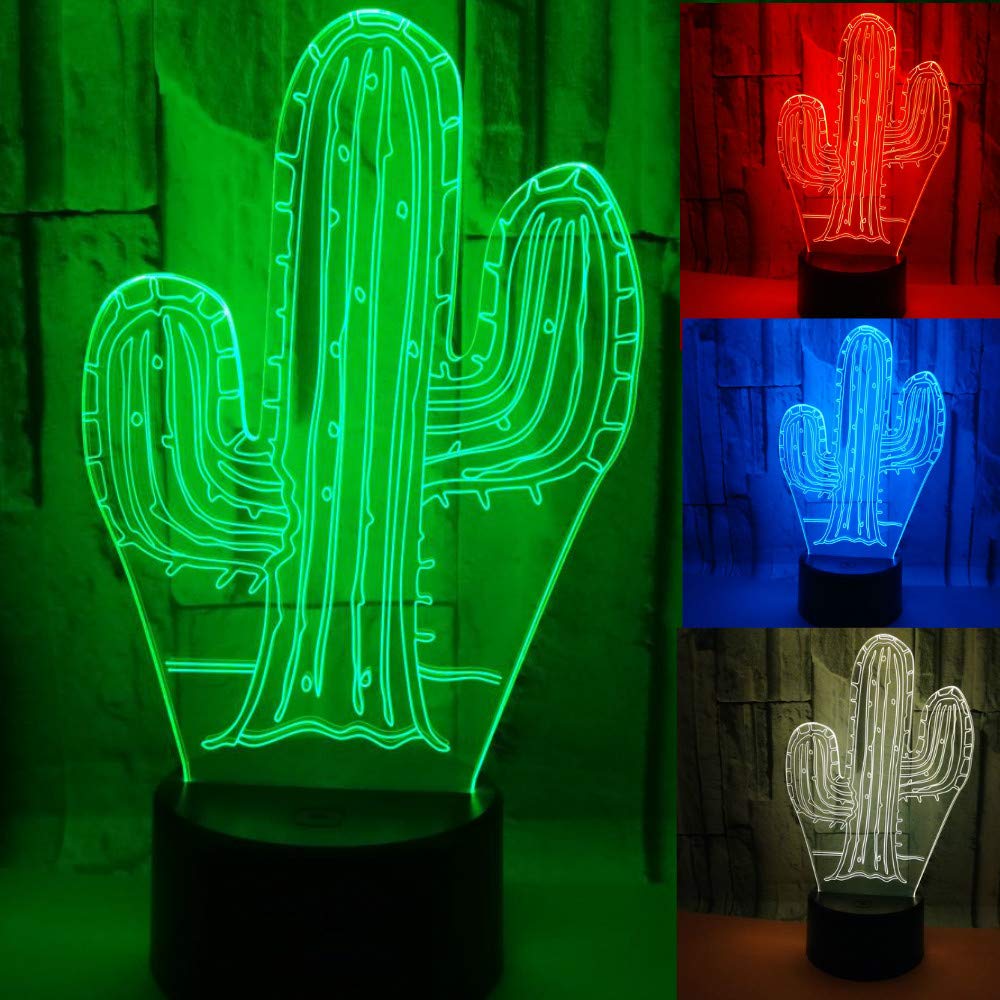 3D Cactus Night Light - LED Touch Switch Table Lamp with 7 Color Changing Modes, Optical Illusion Decor for Bedroom, Kids Room, Christmas Gift & Home Decoration