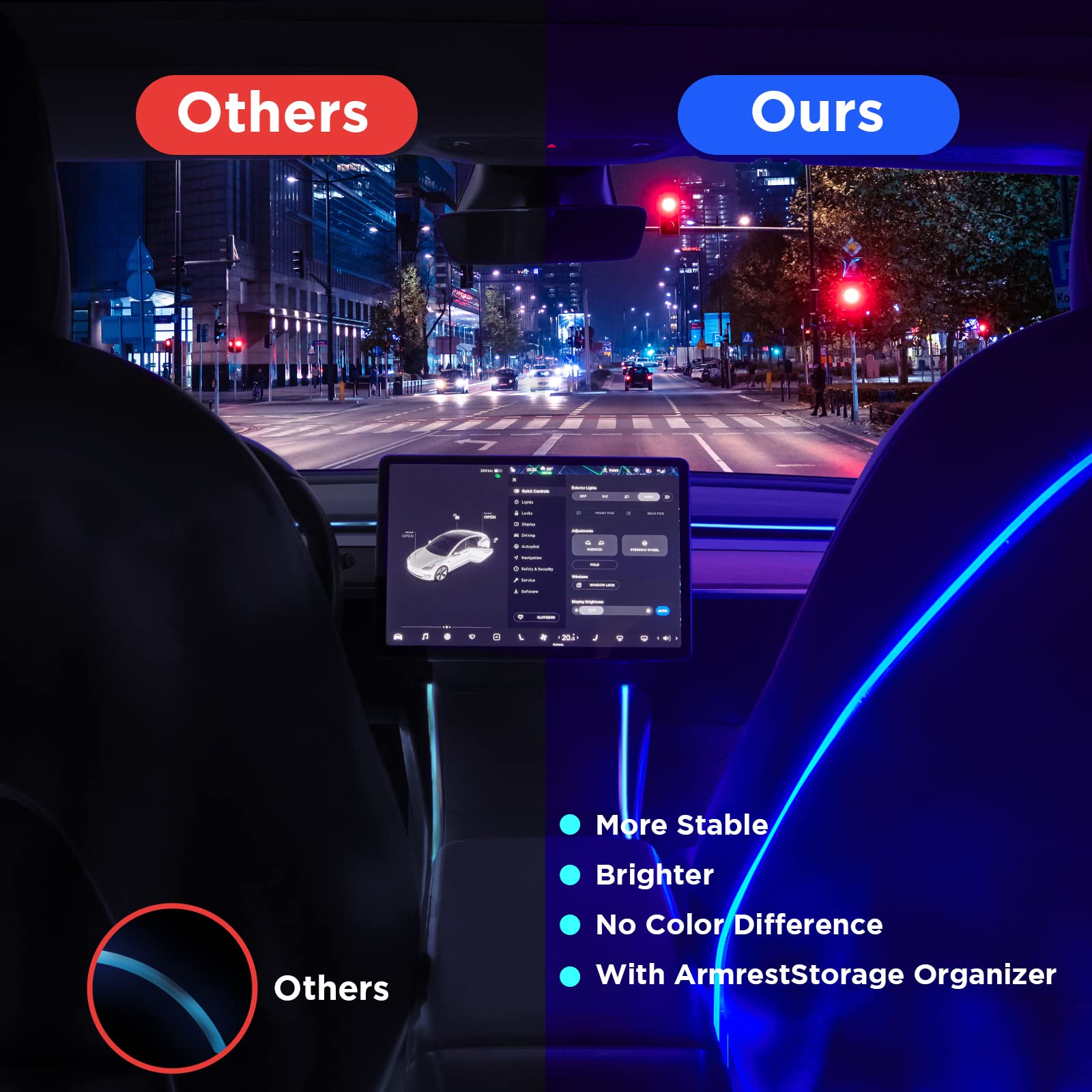 2016-2020 Tesla Model 3 & Y Interior LED Ambient Lighting Kit - APP Controlled Neon Lights (Center Console, Dashboard, Seat Back & 4 Foot Lights) with Matching Armrest Organizer | Customizable Car Mood Lighting for Night Driving & Interior Styling