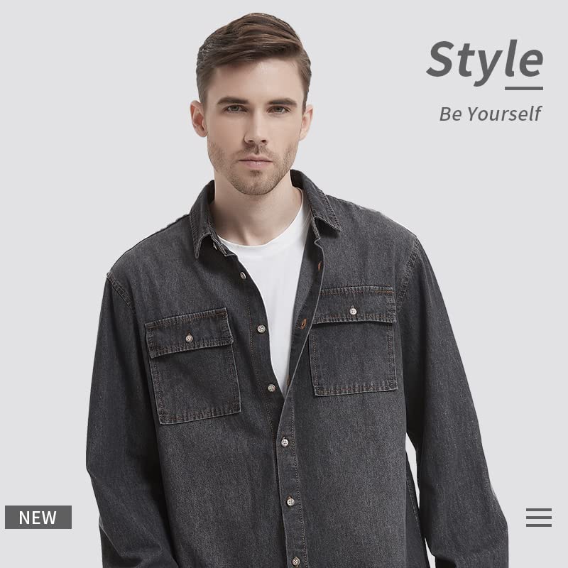 Men's Casual Denim Long Sleeve Shirt with Pocket - Comfortable Button Down Work Shirt for Everyday Wear, Office & Outdoor Activities