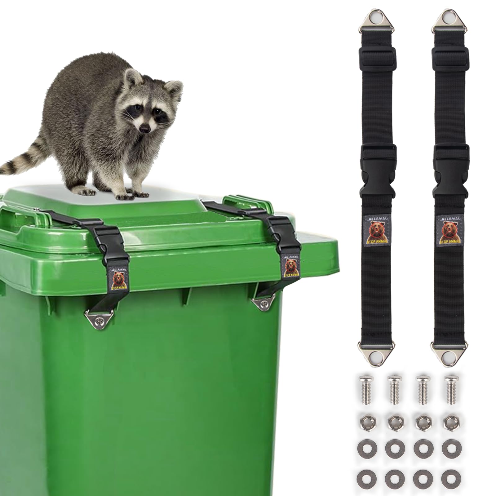 Bear Proof Trash Can Locks - Durable Adjustable Animal Proof Garbage Bin Lid Lock with Stretchable Elastic Strap (2 Pack) - Keep Raccoons & Pets Out of Outdoor/Indoor Trash Cans