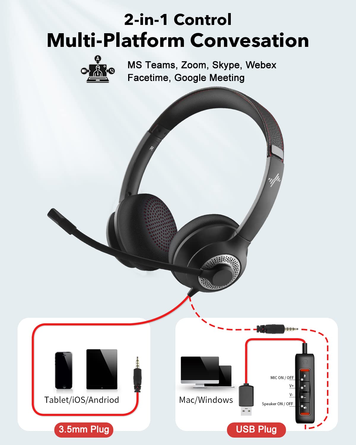 Noise Cancelling USB Headset with Microphone for PC & Laptop - On-Ear Computer Headphones with In-Line Volume Control for Home Office, Online Classes, Zoom Meetings, Skype Calls (USB+3.5mm Jack, Black) - Perfect for Remote Work, Gaming & Virtual Learning