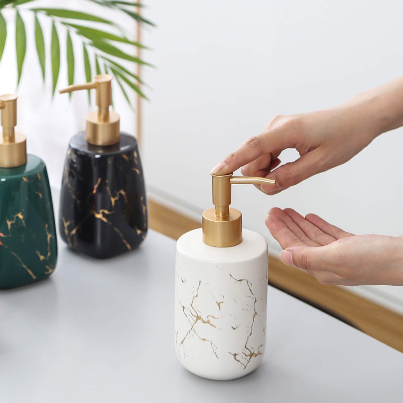 4-Piece Ceramic Soap Dispenser Set - Refillable Modern Bathroom Liquid Soap Pump Bottle with Mouthwash Cup & Saucer | Perfect for Bathroom, Powder Room & Guest Washroom Decor