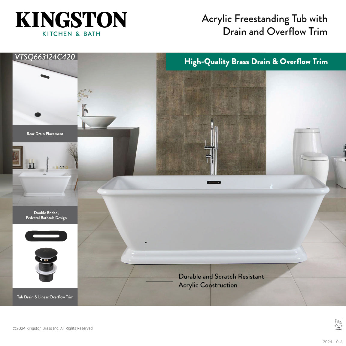 Aqua Eden 66 Inch Acrylic Oval Rectangular Double-Ended Pedestal Bathtub - Glossy White/Matte Black - Freestanding Soaking Tub with Drain (No Faucet Holes) - Perfect for Modern Bathroom & Spa Retreat