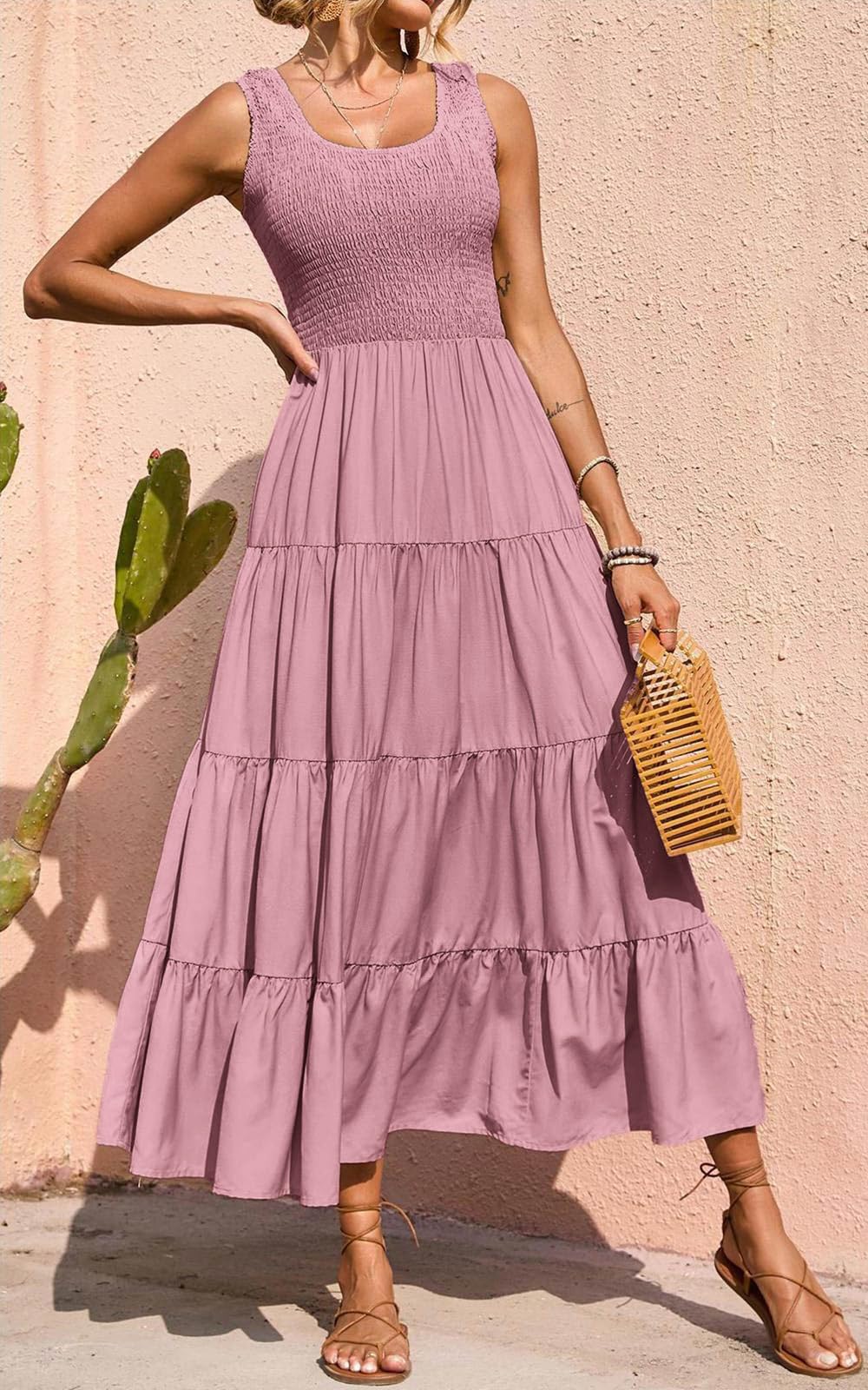 PRETTYGARDEN Women's 2025 Casual Loose Plain Maxi Sundress - Smocked Tank Dress Sleeveless Summer Beach Tiered Long Dress for Vacation, Pool Party & Outdoor Activities