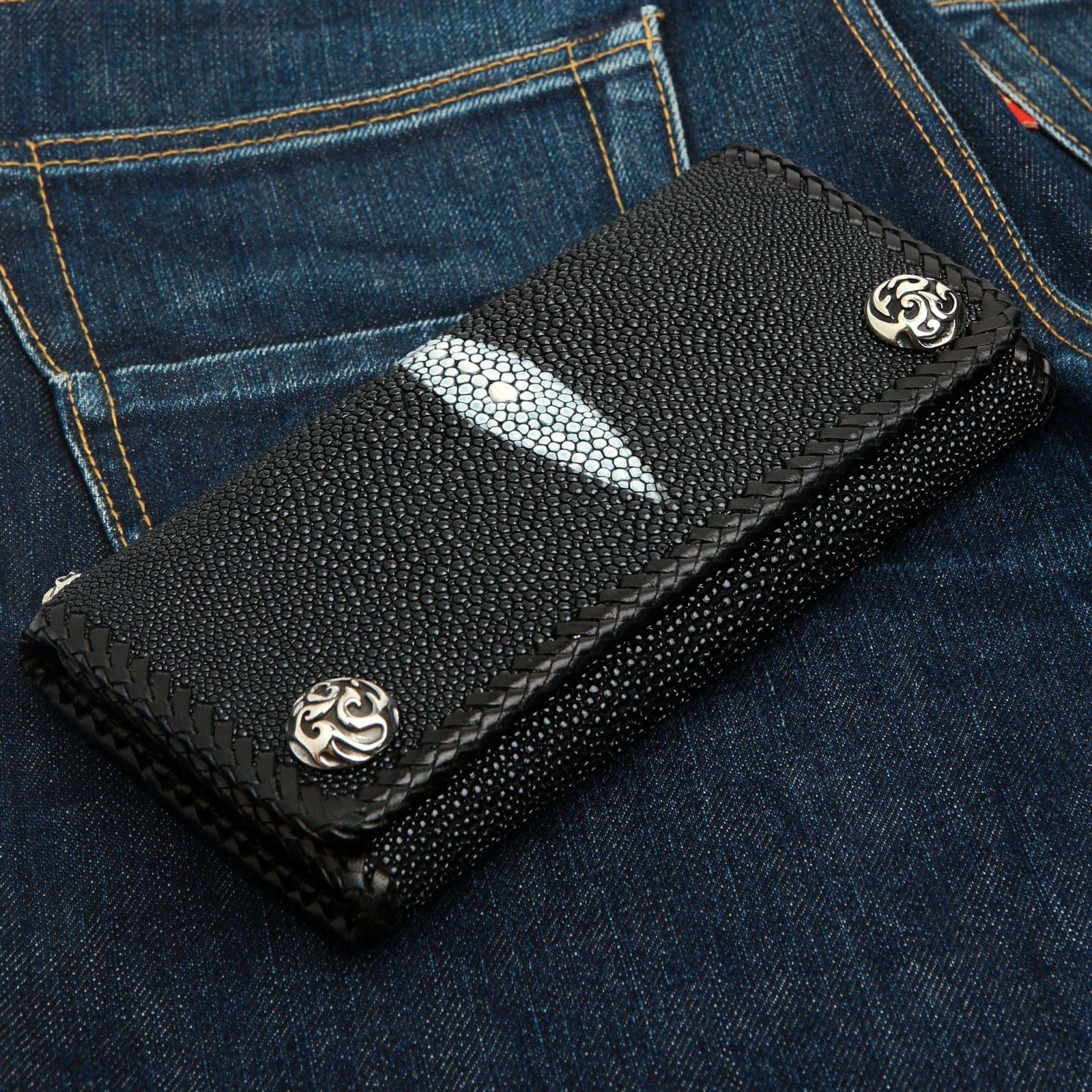 Premium Black Stingray Leather Trifold Wallet for Men - RFID Blocking Biker Wallet with Multiple Card Slots & ID Window - Perfect for Motorcycle Riders, Travel & Everyday Use