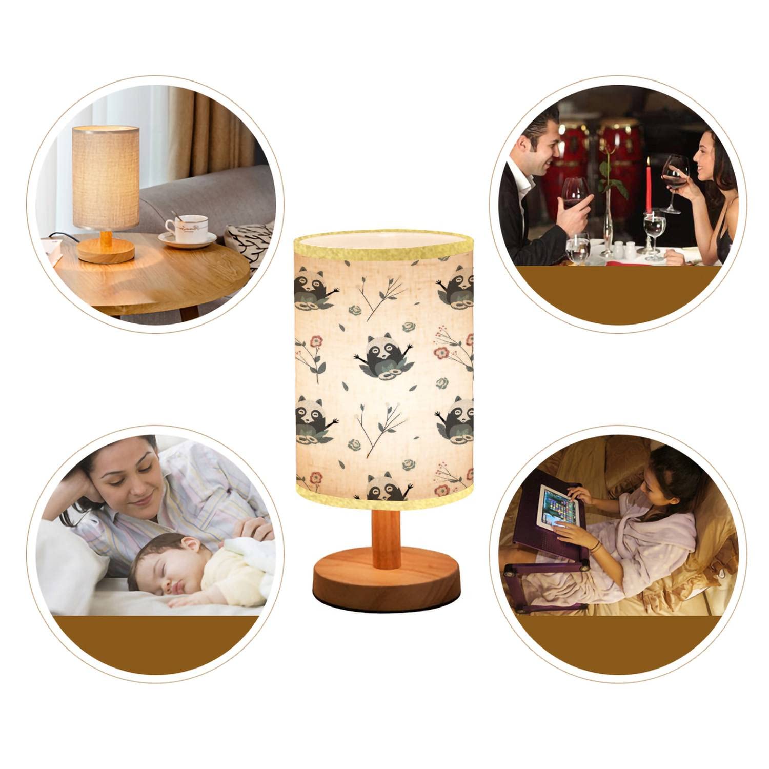 Minimalist Wooden Nightstand Lamp with Cute Raccoon Design - Natural Flaxen Fabric Shade for Bedroom, Living Room, Nursery - Perfect for Reading, Relaxing & Creating Cozy Atmosphere