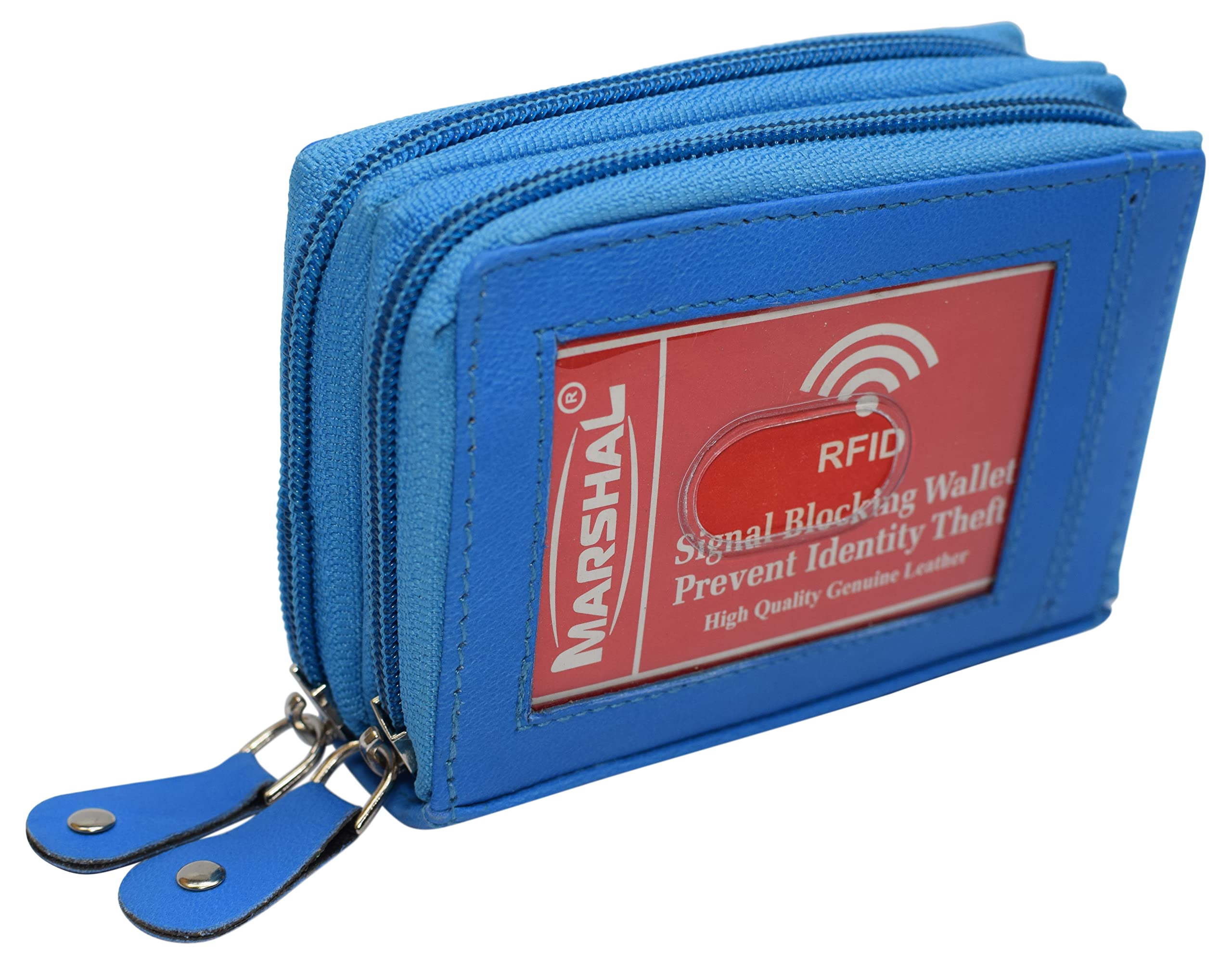 MARSHAL Genuine Leather RFID Blocking Wallet for Men - Double Zipper Accordion Design (Baby Blue) | Slim Bifold Credit Card Holder for Travel & Everyday Use