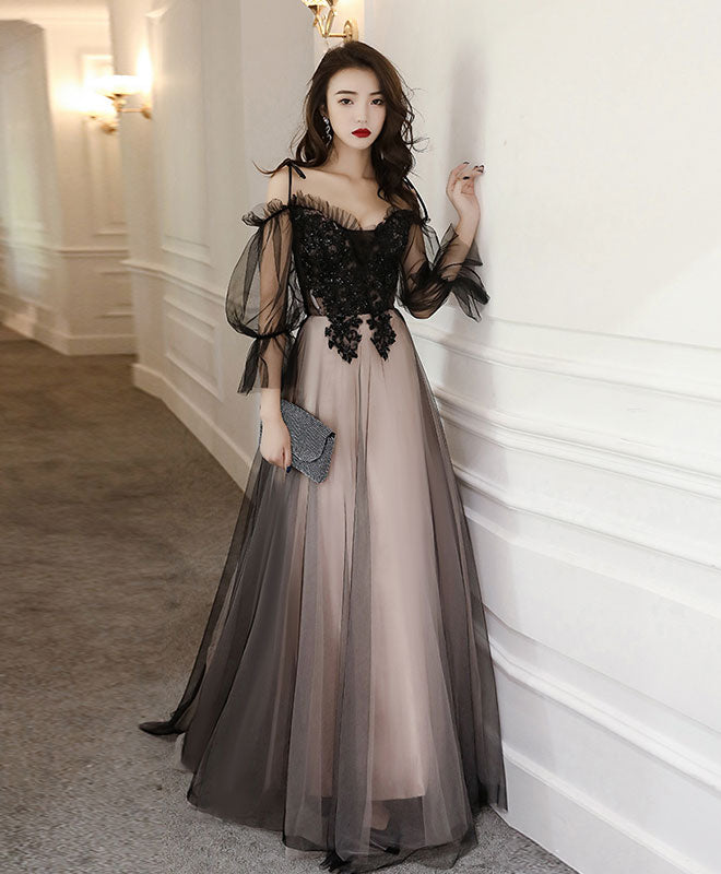 Elegant Black Tulle A-Line Lace Long Prom Dress for Formal Evening Events - Perfect for Homecoming, Wedding Guest & Special Occasions