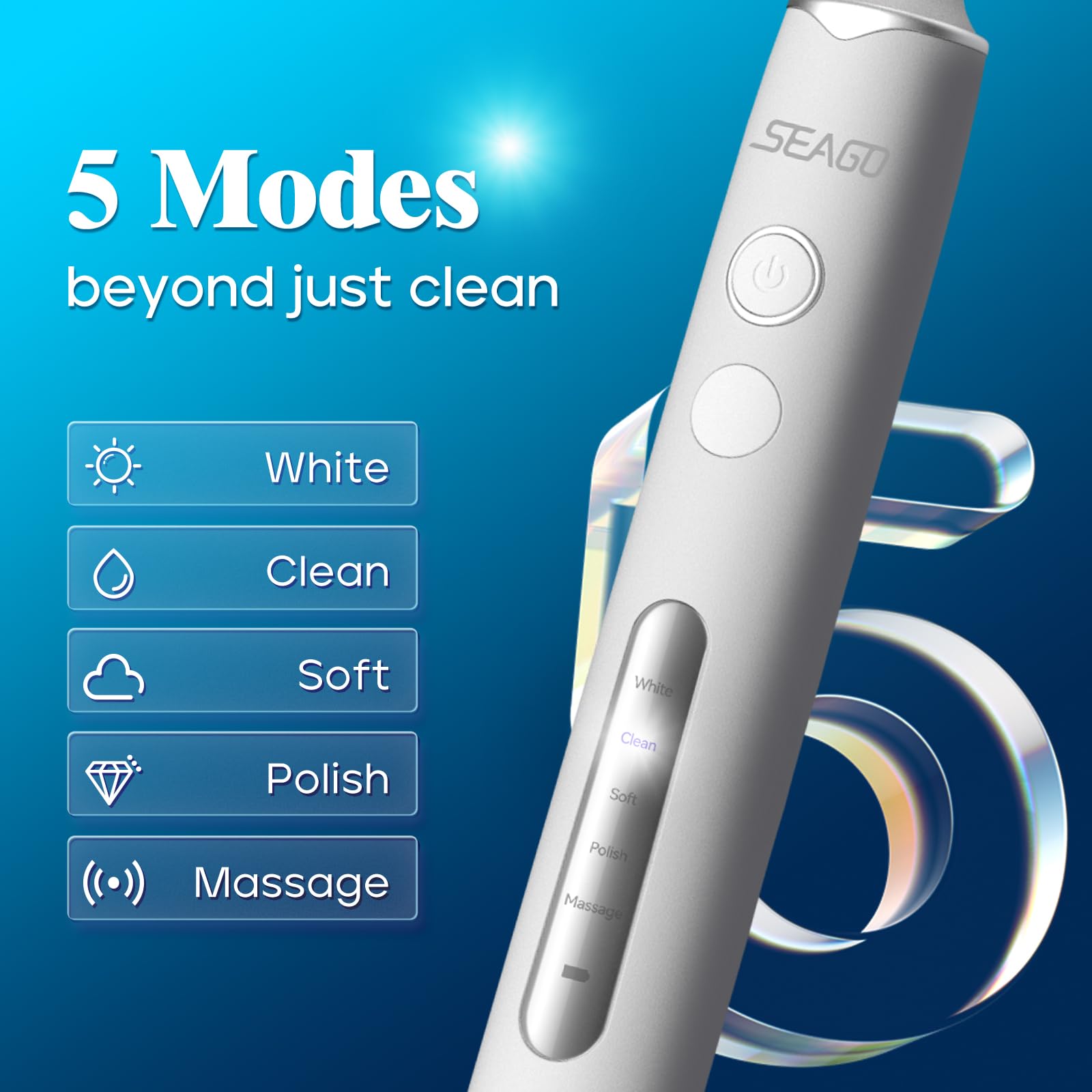 SEAGO Sonic Electric Toothbrush with 8 Replacement Brush Heads & 5 Cleaning Modes - 14 Days Teeth Whitening Technology - Waterproof Rotating Toothbrush for Adults & Kids (White, Model SG-2603) - Perfect for Travel, Home & Daily Oral Care Routine