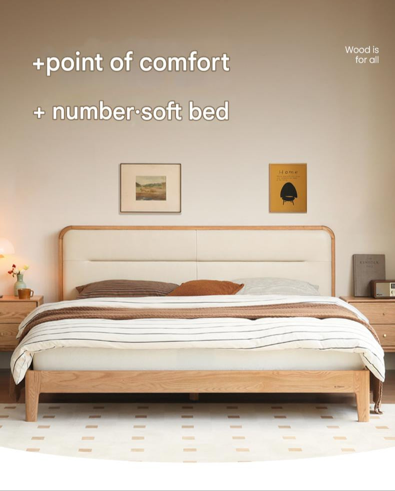 Solid Oak Wood Leather Upholstered Soft Bed - Queen Size, Modern Platform Bed Frame with Headboard for Bedroom, Living Room, Guest Room